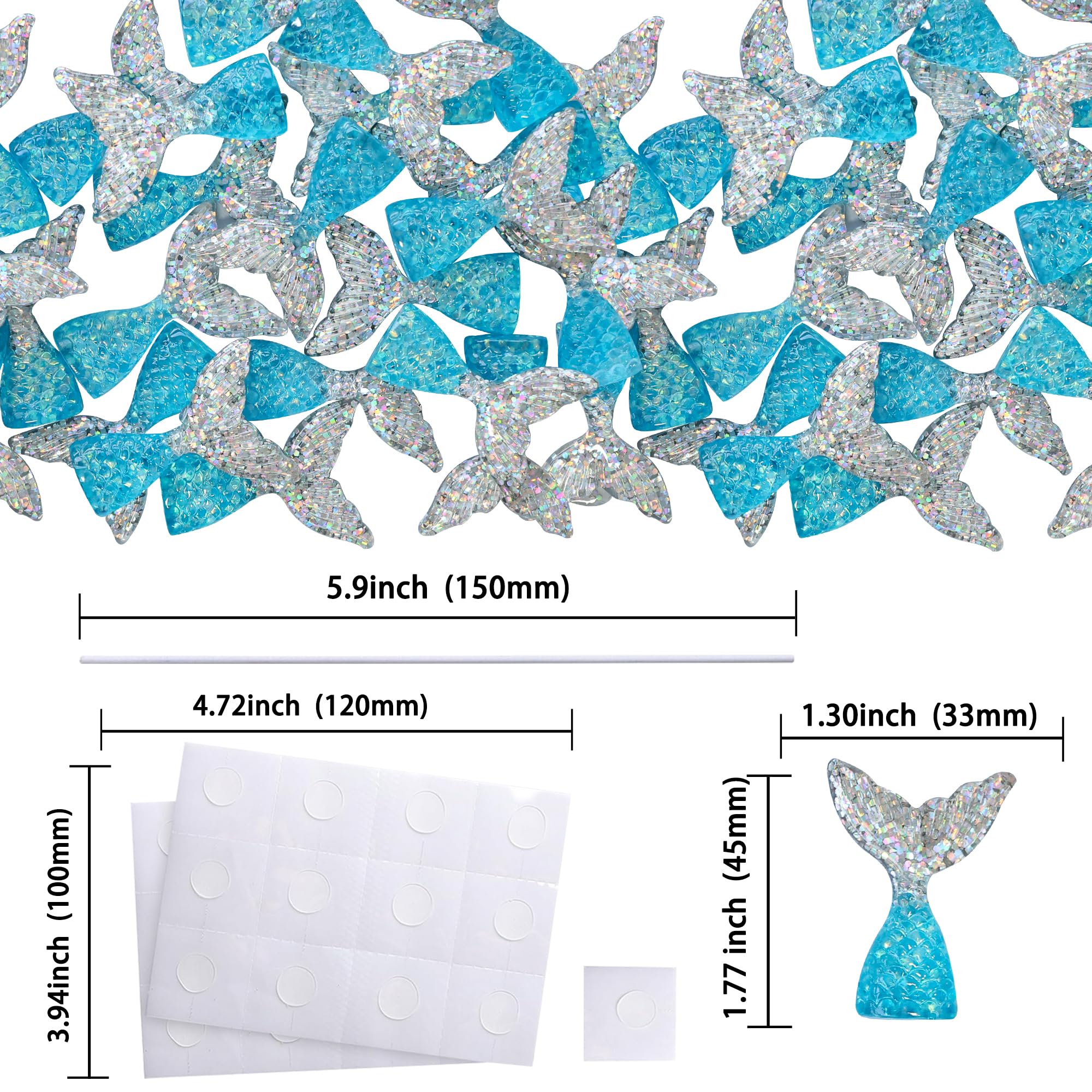 Ephlyn 24 Pcs Acrylic Mermaid Tails Cupcake Toppers Mini Wrappers Mermaid Tail Figurines Cake Decorations for Birthday Party Supplies Favors Blue Silver