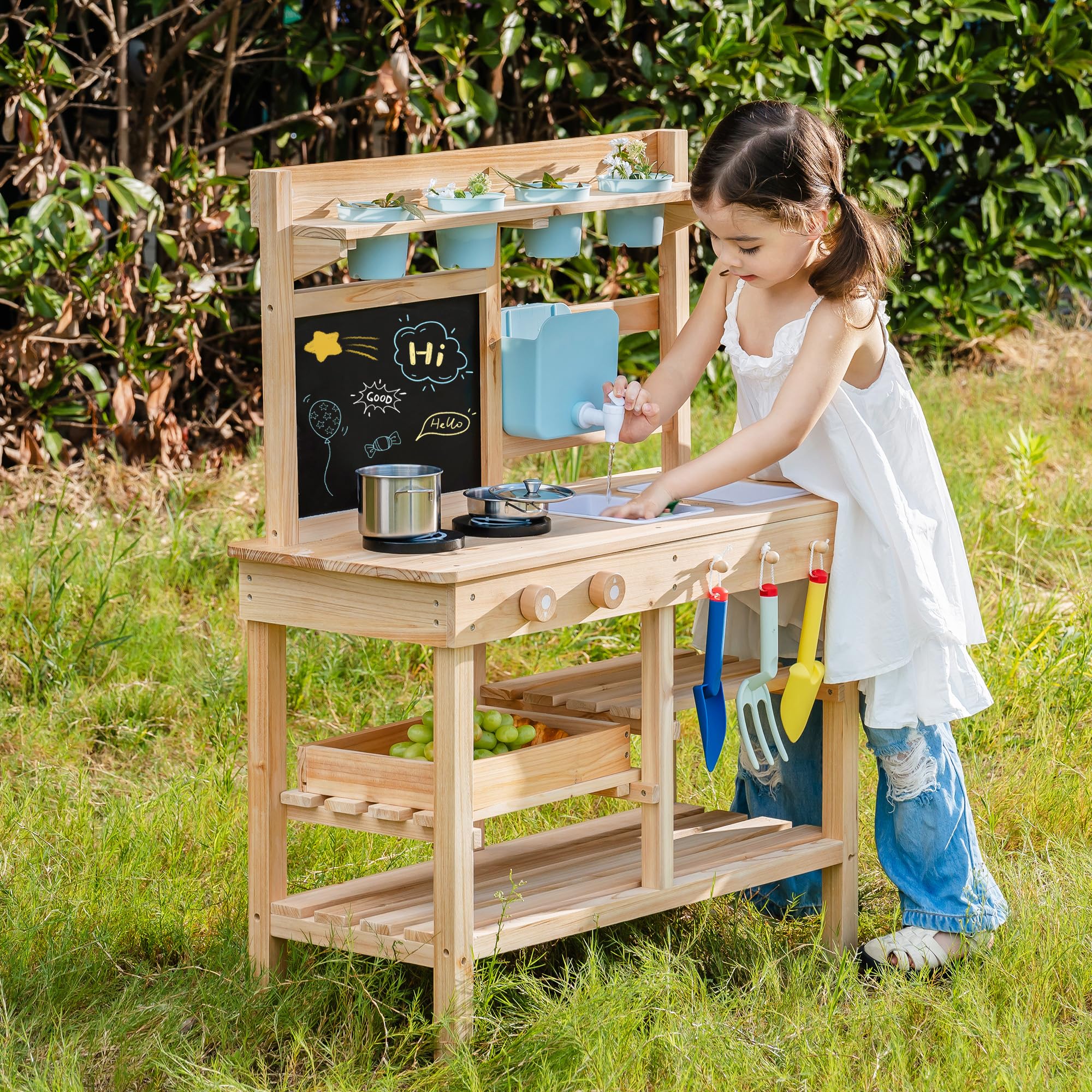 ROBUD Cucina in legno per bambini piccoli, cucina giochi per esterni con lavello, fornello, vasi, lavagna, vano portaoggetti e accessori da cucina, giocattolo per ragazzi e ragazze dai 3 anni in su