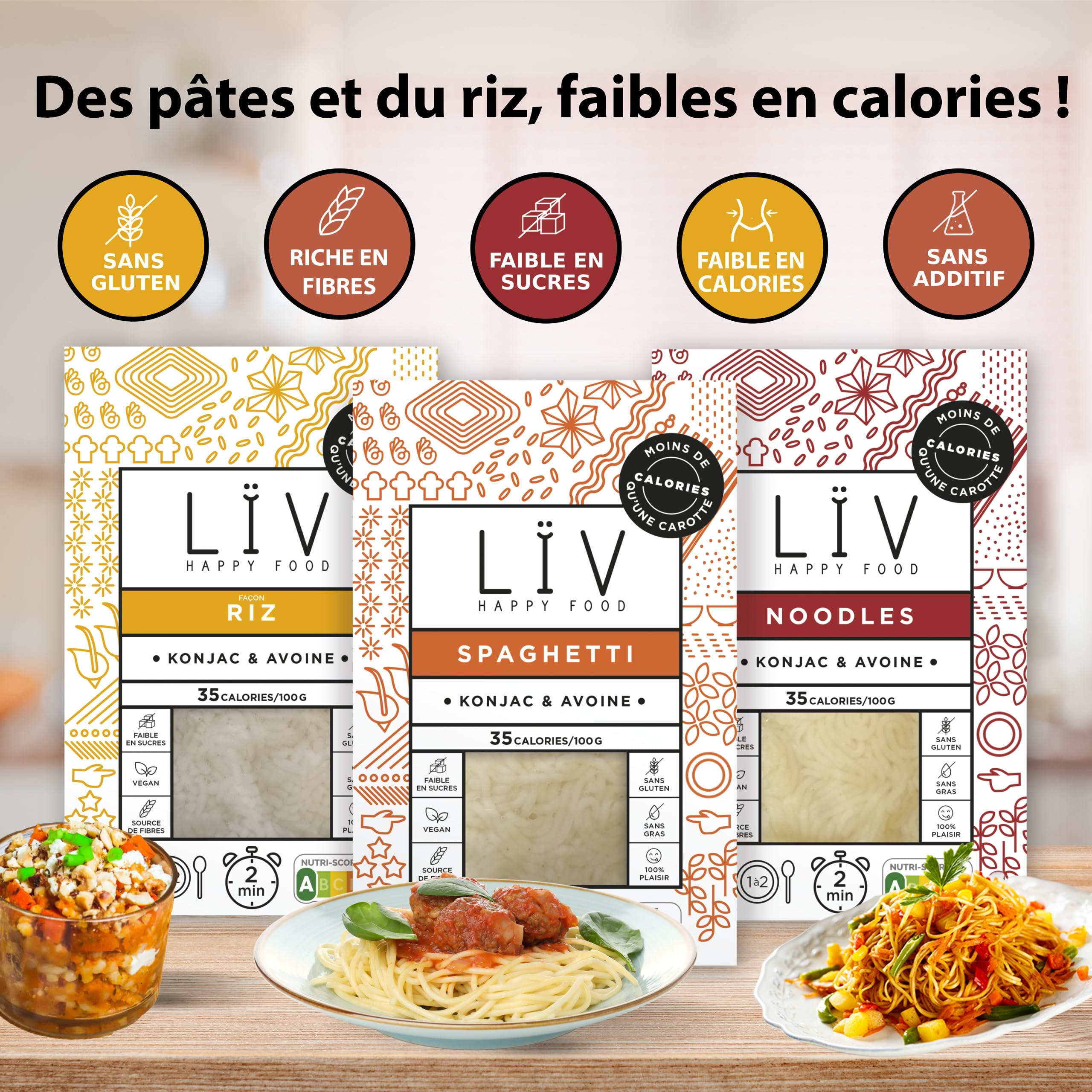 LÏV Happy Food - Trio Nouilles de Konjac, Spaghetti & Riz, 6x200g, Premium