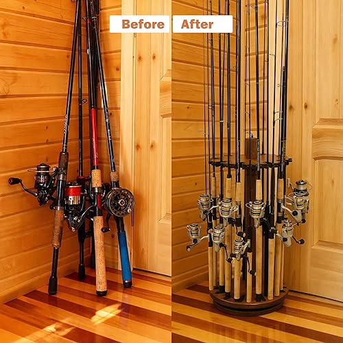 Miniatura 8 de Rush Creek Creations Soporte para caña de pescar  Estante giratorio 360 para organización y almacenamiento de garaje, soporte de caña para carretes,