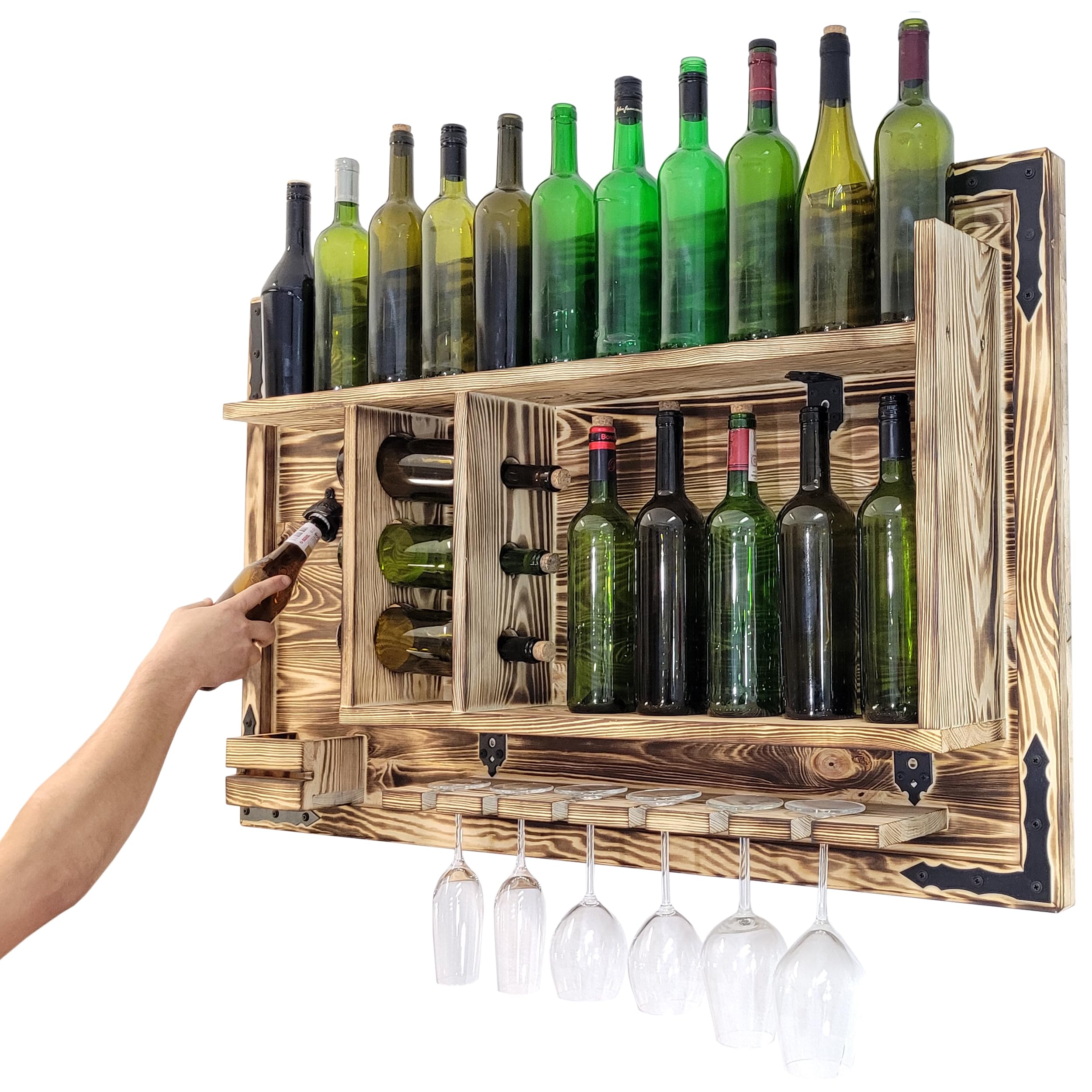 weeco Étagère en bois pour bar à la maison à suspendre - Fabriquée à la main - Style rustique - Étagère murale en bois - Pour bar à vin - Cadeau pour homme - Image 3D en bois
