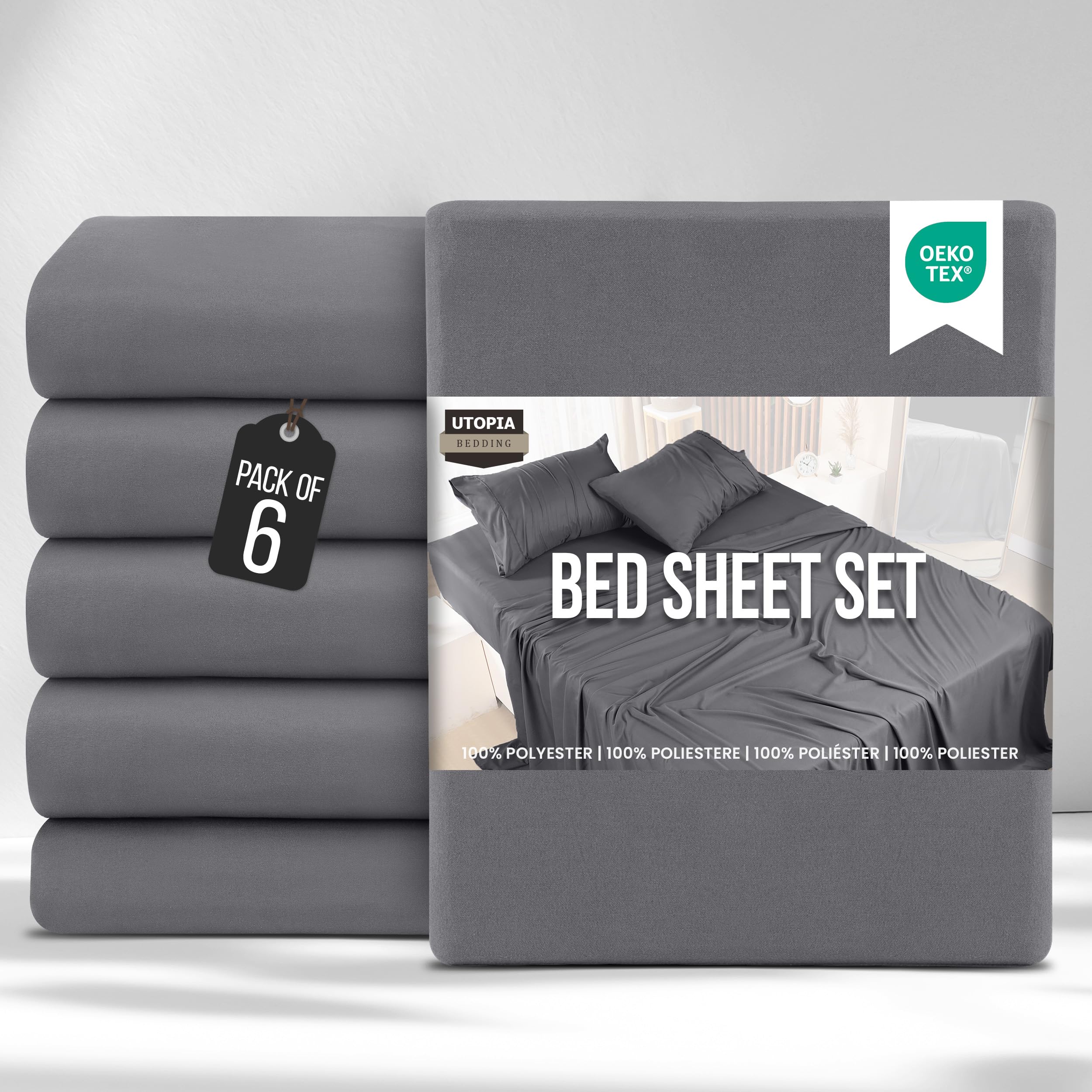 Utopia Bedding Bed Sheets Set Bulk Pack of 6 (Super King, Grey) – Fitted Sheet, Flat Sheet with Pillow cases 50x75 – Wrinkle, Shrinkage & Fade Resistant – Soft Brushed Polyester Microfiber Fabric — image 1