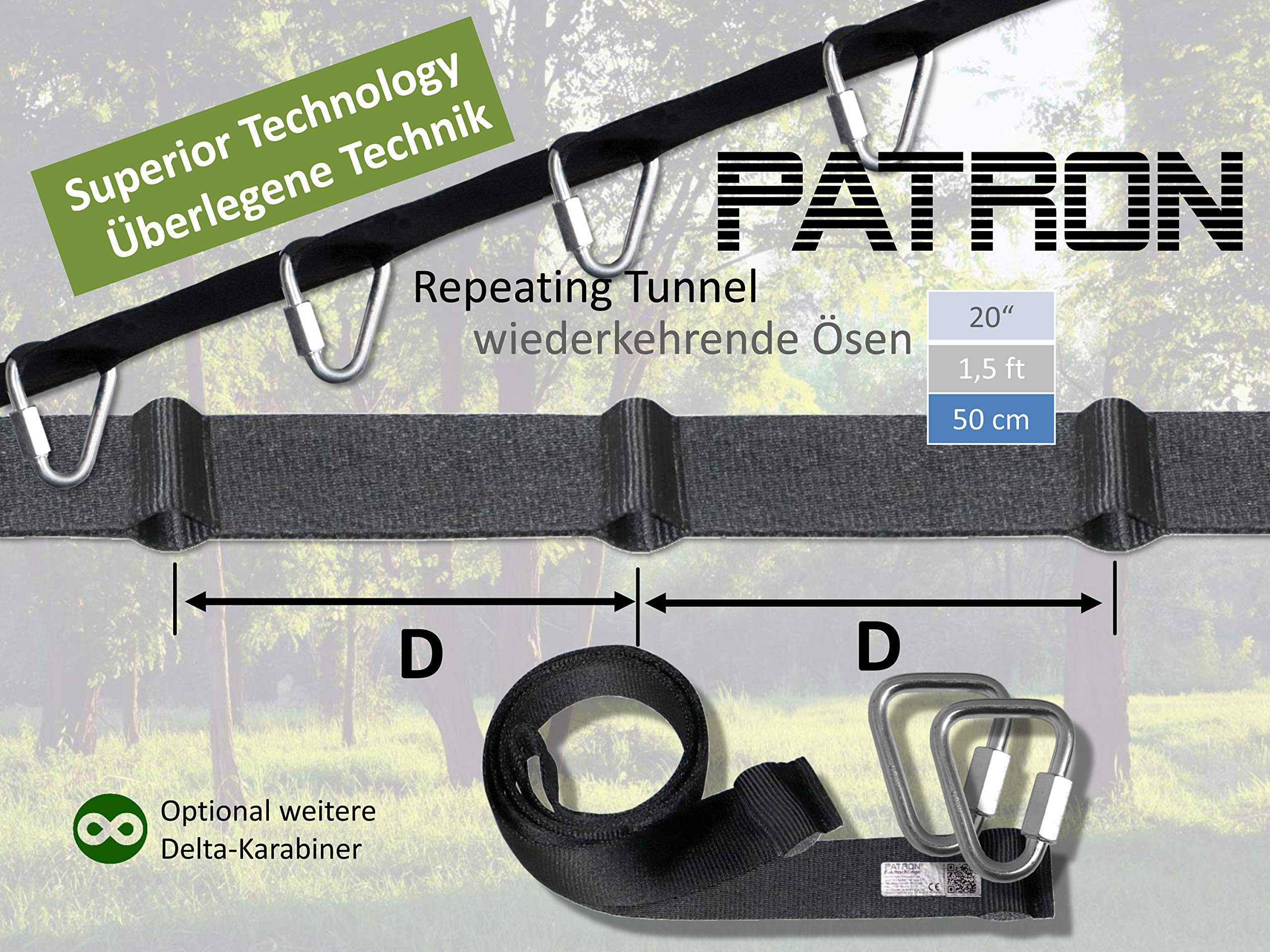 PATRON® BETWEEN 12m, Spanngurt zum Hängen zwischen Bäumen - Belastbarkeit 2200 kg inkl. 2 Premium Delta Karabiner, Polyester, abnehmbar und erweiterbar, PAT Bandlänge:12m