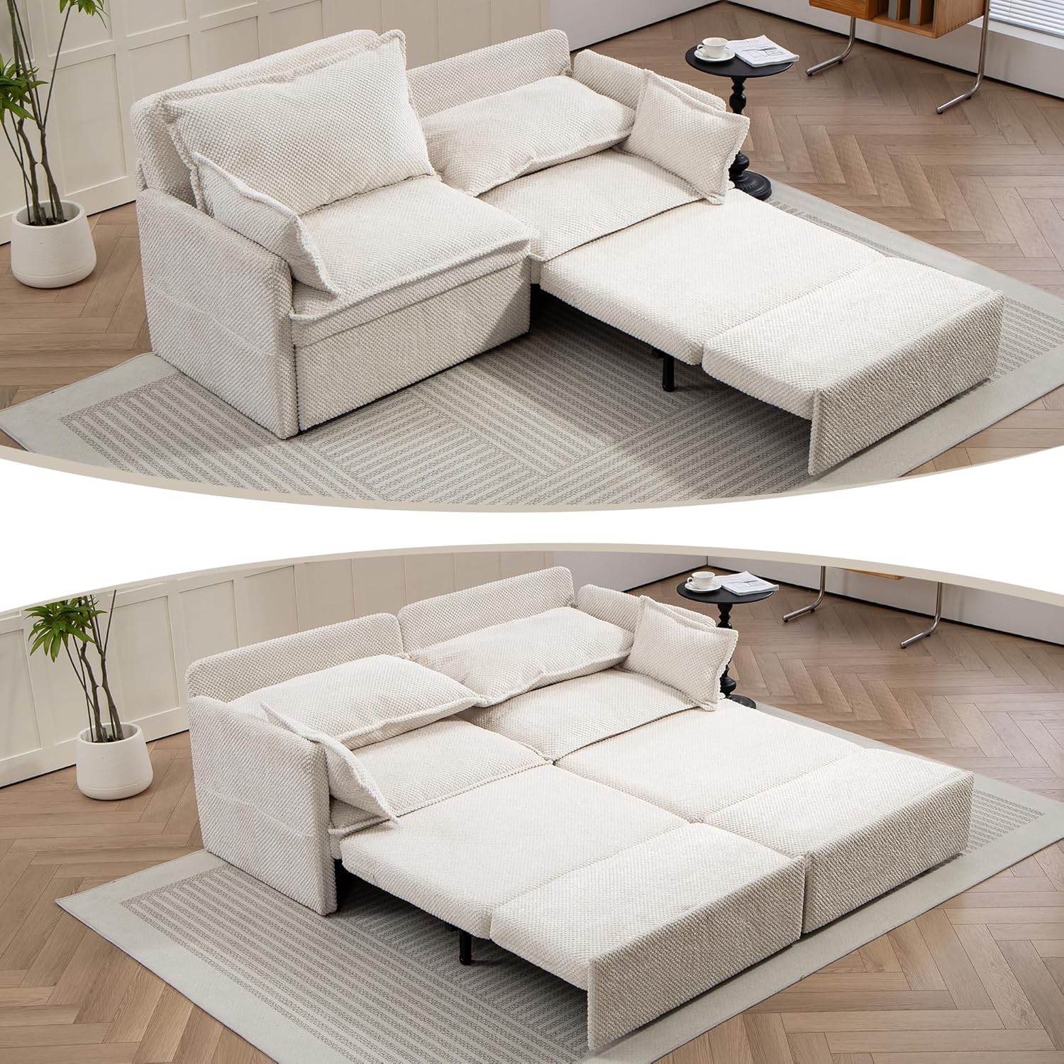 73.6" W Pull Out Sofa Bed, King Sleeper Sofa Couch with Side Pocket & USB, Comfy Corduroy Convertible Sofa Bed with 2 Pillows, 3 in 1 Futon Couches for Living Room, Bedroom, Apartment, Beige
