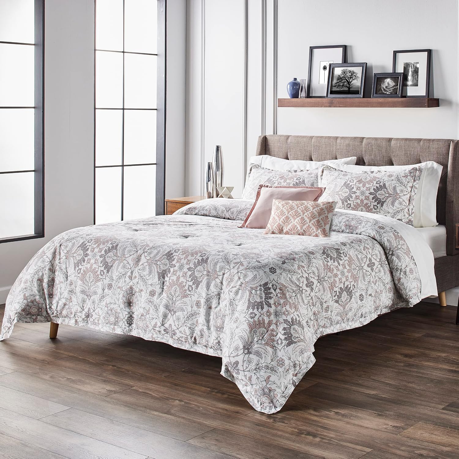 Anne Klein Callista Damask Floral 5-Piece Comforter Set – Reversible Bedding with Matching Shams & 2 Decorative Pillows, Oeko-Tex Certified – Blush, Full/Queen