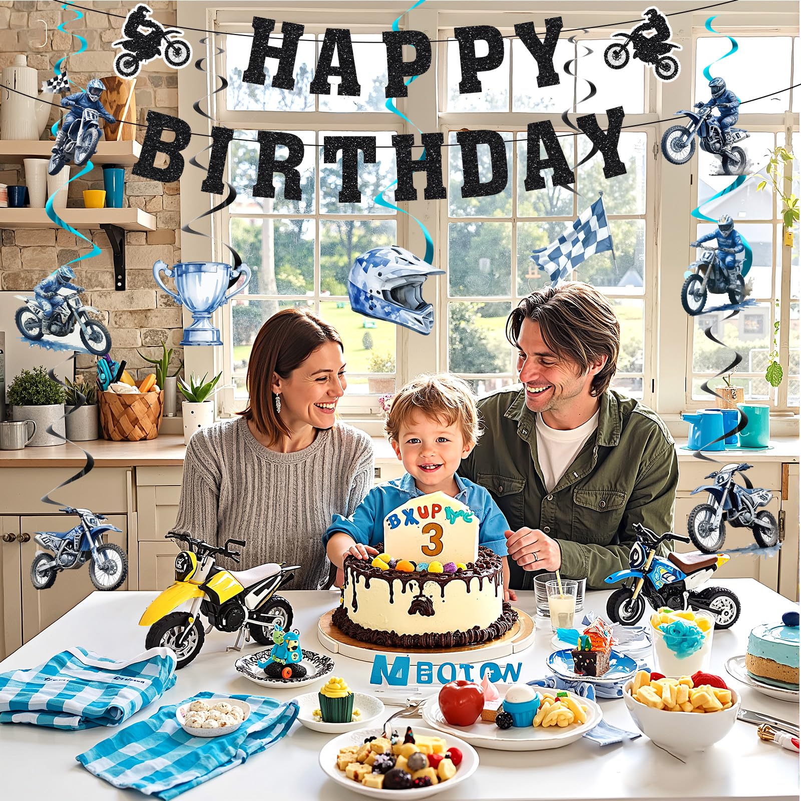 Decoración de cumpleaños de bicicleta sucia para niños, pancarta de cumpleaños y remolinos colgantes para motocicleta, motocross, suministros de decoración de fiesta temática