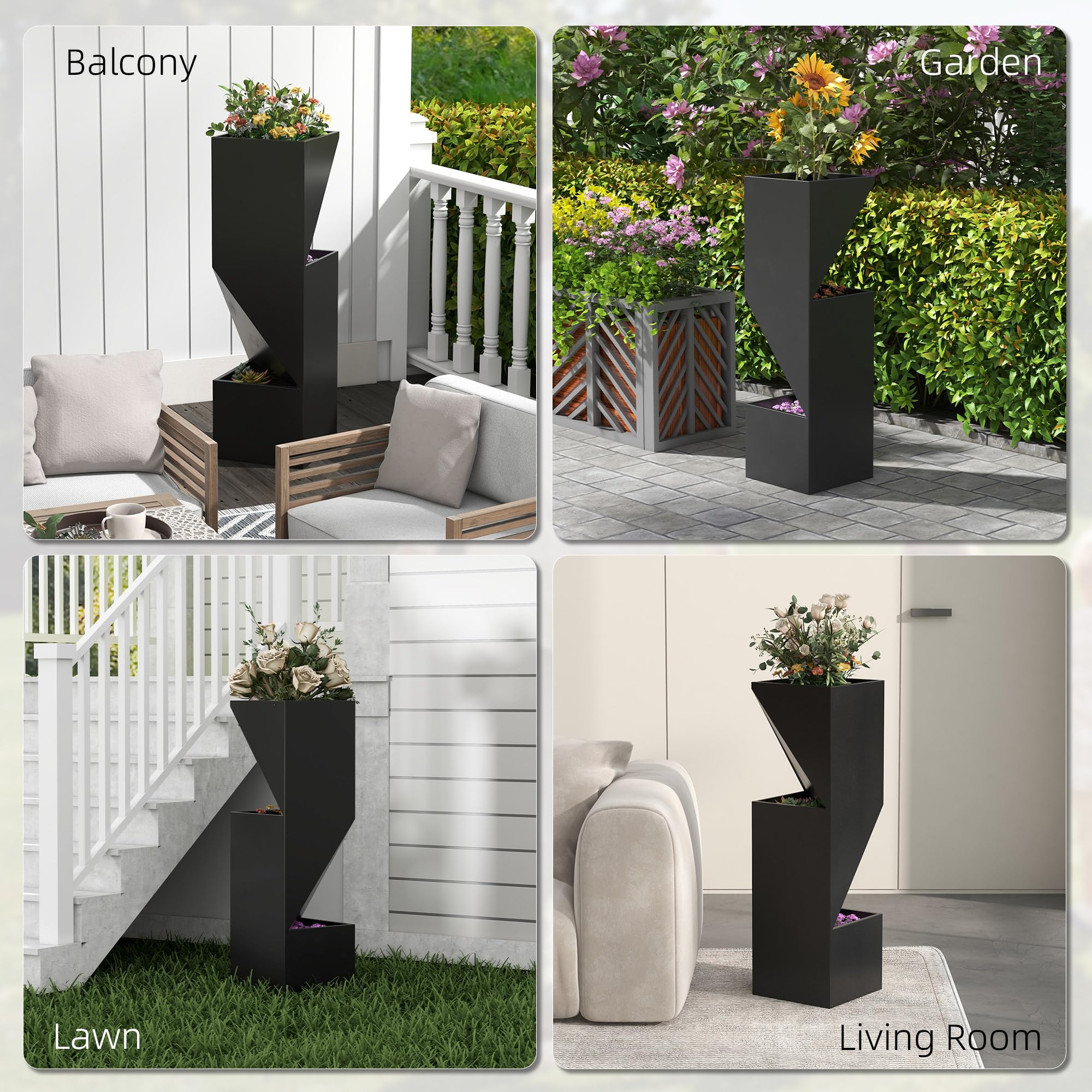 Outsunny 3-Zone Außenpflanzkübel mit Drainage 30x30x100cm Schwarz | Metall Pflanzentopf für Innen