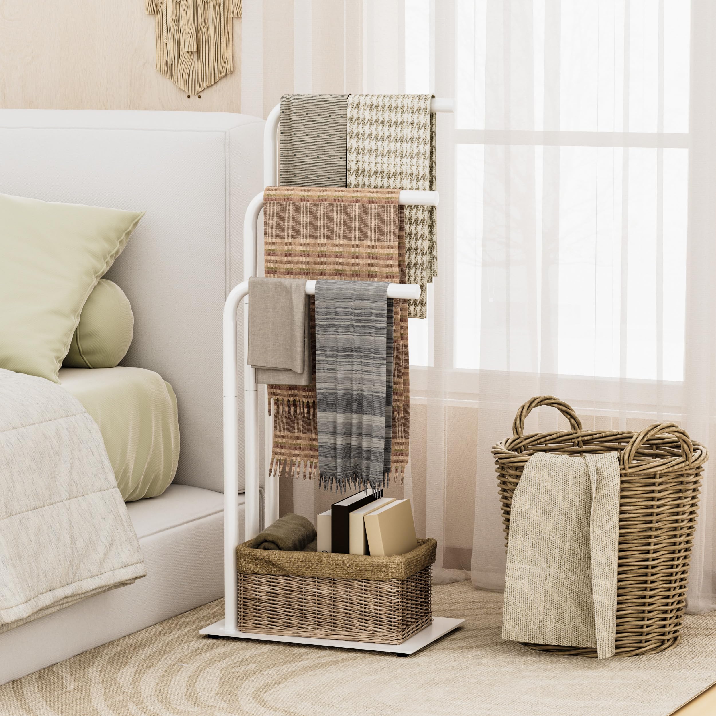 OUTBROS Porte-Serviettes sur Pied,3 Tubes en Acier Suspendus,Convient pour Les Chambres De Salle De Bains,Porte - Serviettes Salle De Bain,39x26x90cm,Blanc,EYJ108W