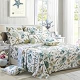 FADFAY Sheet Set Queen Beach Themed Bedding Sets 100% Cotton Super Soft Coastal Bedding White Teal Seashells and Starfish Nautical Bedding with Deep Pocket Fitted Sheet 4-Pieces Queen Size
