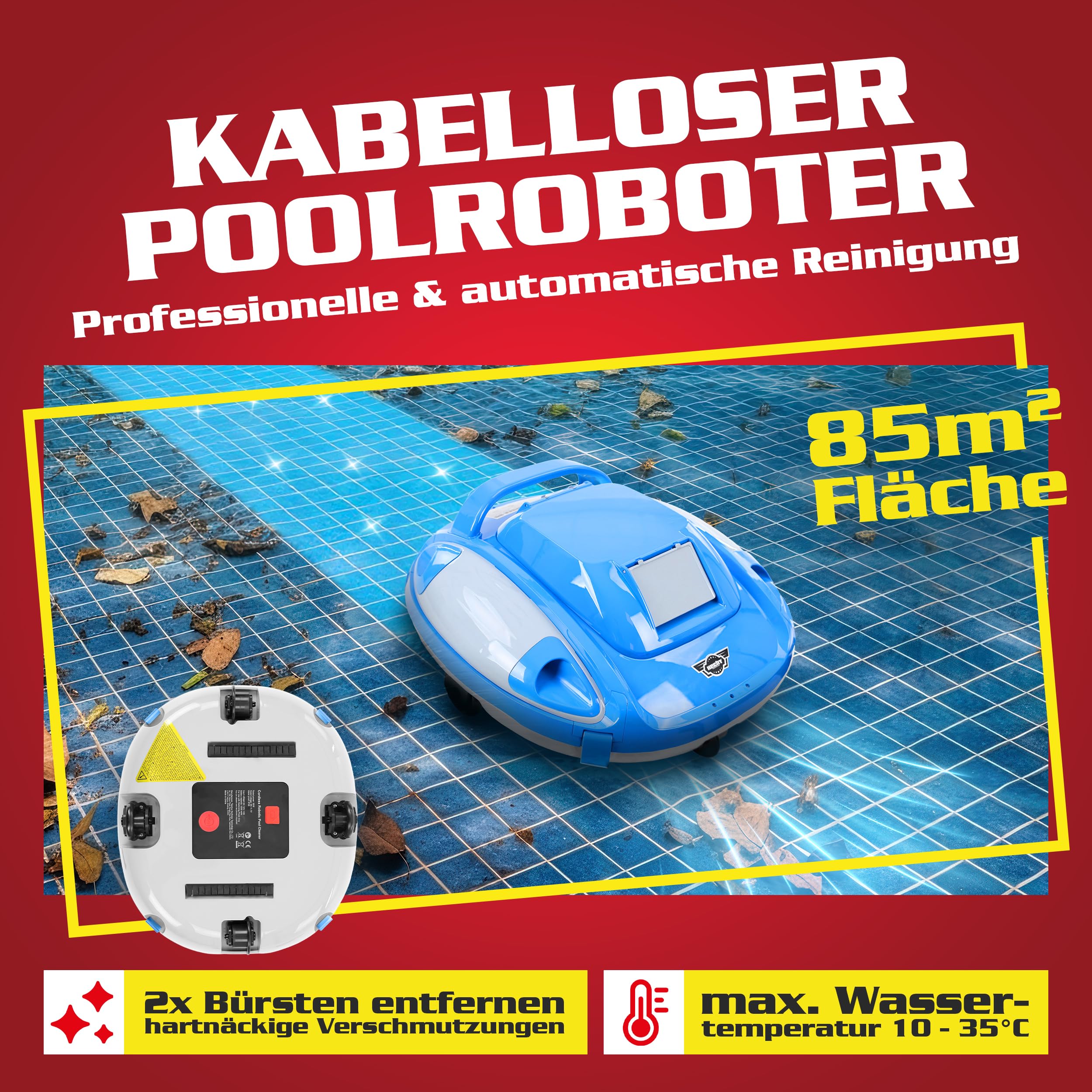 Hecht Poolroboter kabellos – 110 min Laufzeit, 5000 mAh - Akku Poolsauger & Poolreiniger für Boden & Wand bis 85 m², 1 klick Bedienung, leicht 3 kg, für jeden Pool geeignet | Unterwasser
