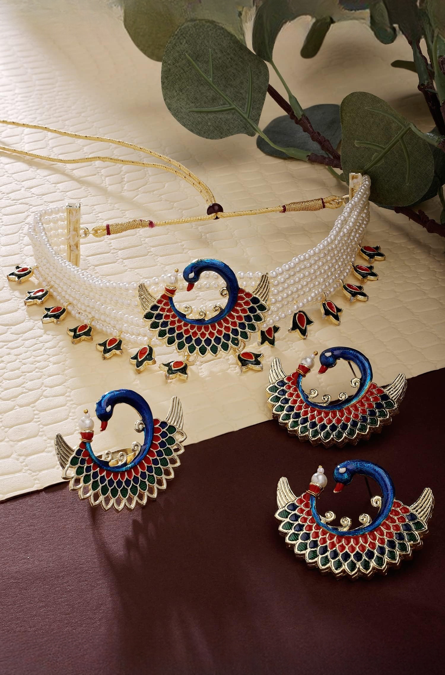 Multicolor Meenakari Peacock Inspired Multistrand Pearls Choker Necklace Earring & Ring Set For Women-ZPFK14436
