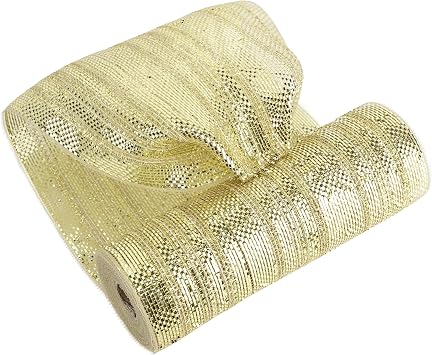 MEEDEE Champagne Deco Mesh 10 Inch Deluxe Wide Foil Metallic Mesh with Gold Tinsel Champagne Gold Mesh Ribbon for Christmas Tree, Wreaths, Garland, Gift Wrapping, Bows Making 30 Feet