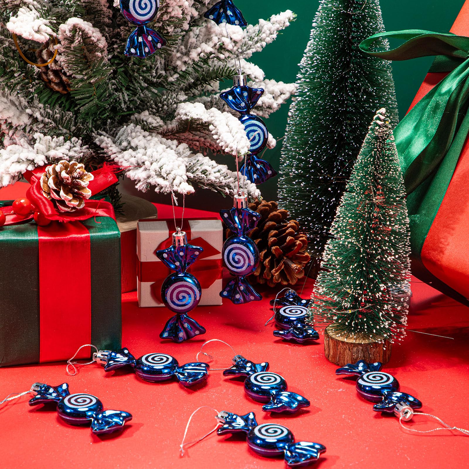 Threan 12 Pcs Christmas Candy Ornaments for Tree Decoration Hanging Glitter Candy Cane Christmas Peppermint Ornament with Golden Rope for Xmas Holiday Decoration(Dark Blue,Plastic) - Image 2