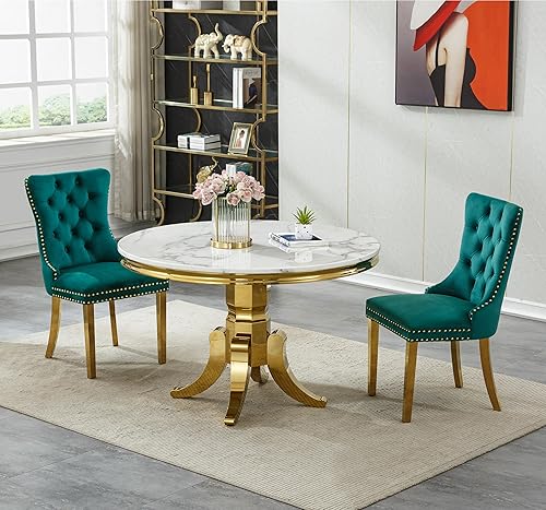 Miniatura 9 de Juego de mesa de comedor redonda para 6, mesa de comedor de cocina de mármol blanco de 45 pulgadas con 6 sillas tapizadas beige, juego de 7 sillas