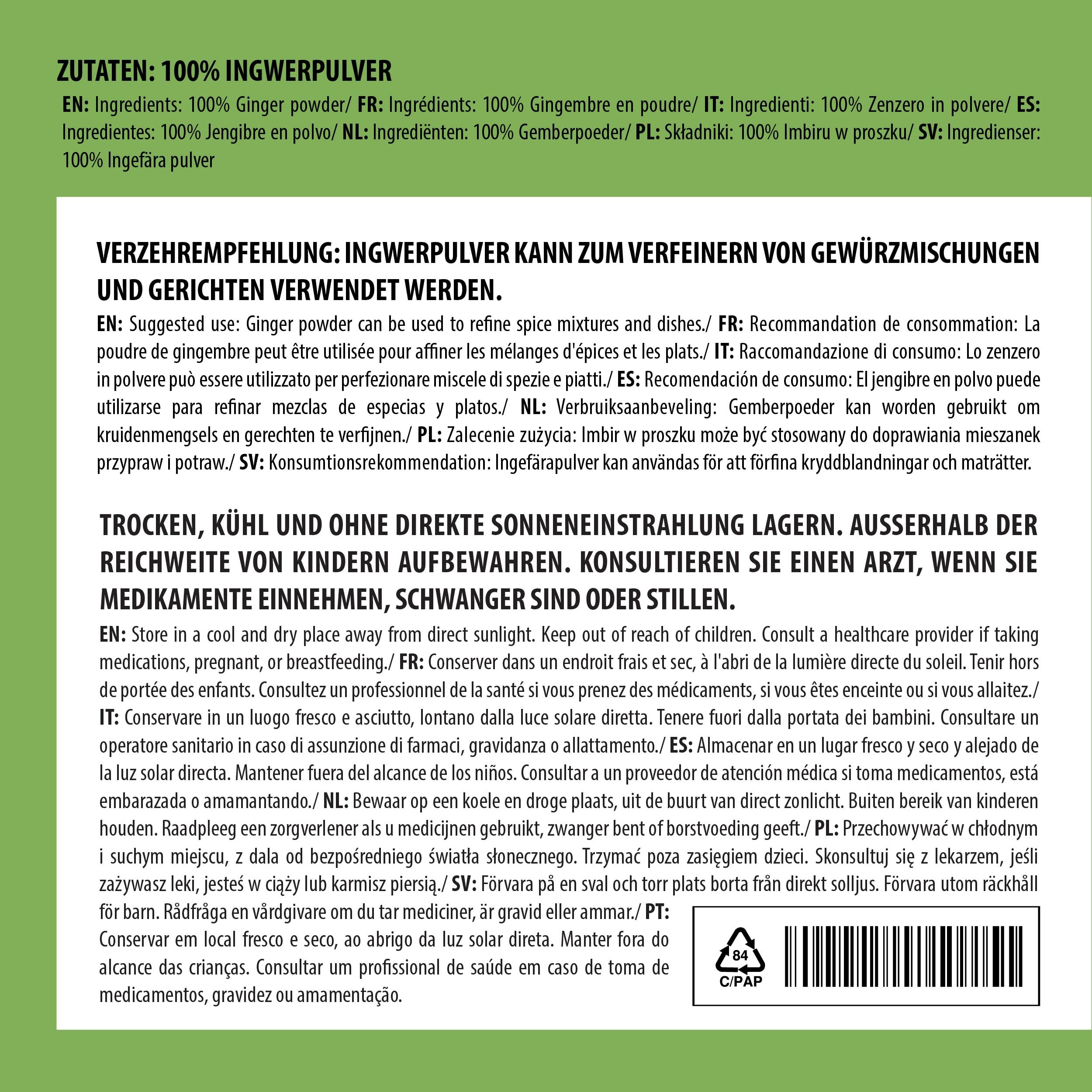 Alpi Nature Jengibre en Polvo 500g, Raíz de Jengibre Seca y Molida para Cocinar y Hornear