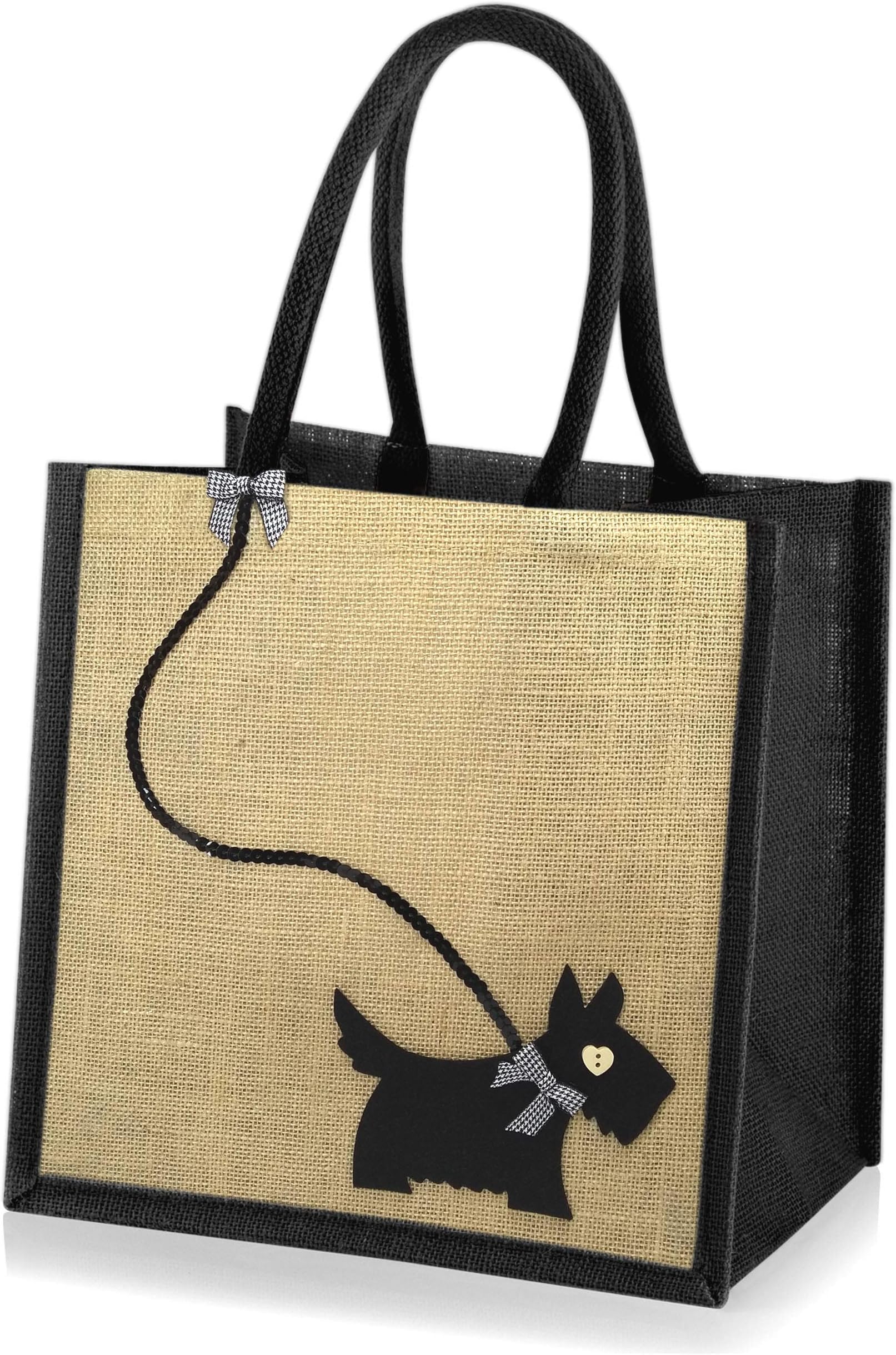 Jute Hessian Medium Black Trim Shopping Bag - Scottie Dog on Sequin Lead - 30x30x20cm (Black)