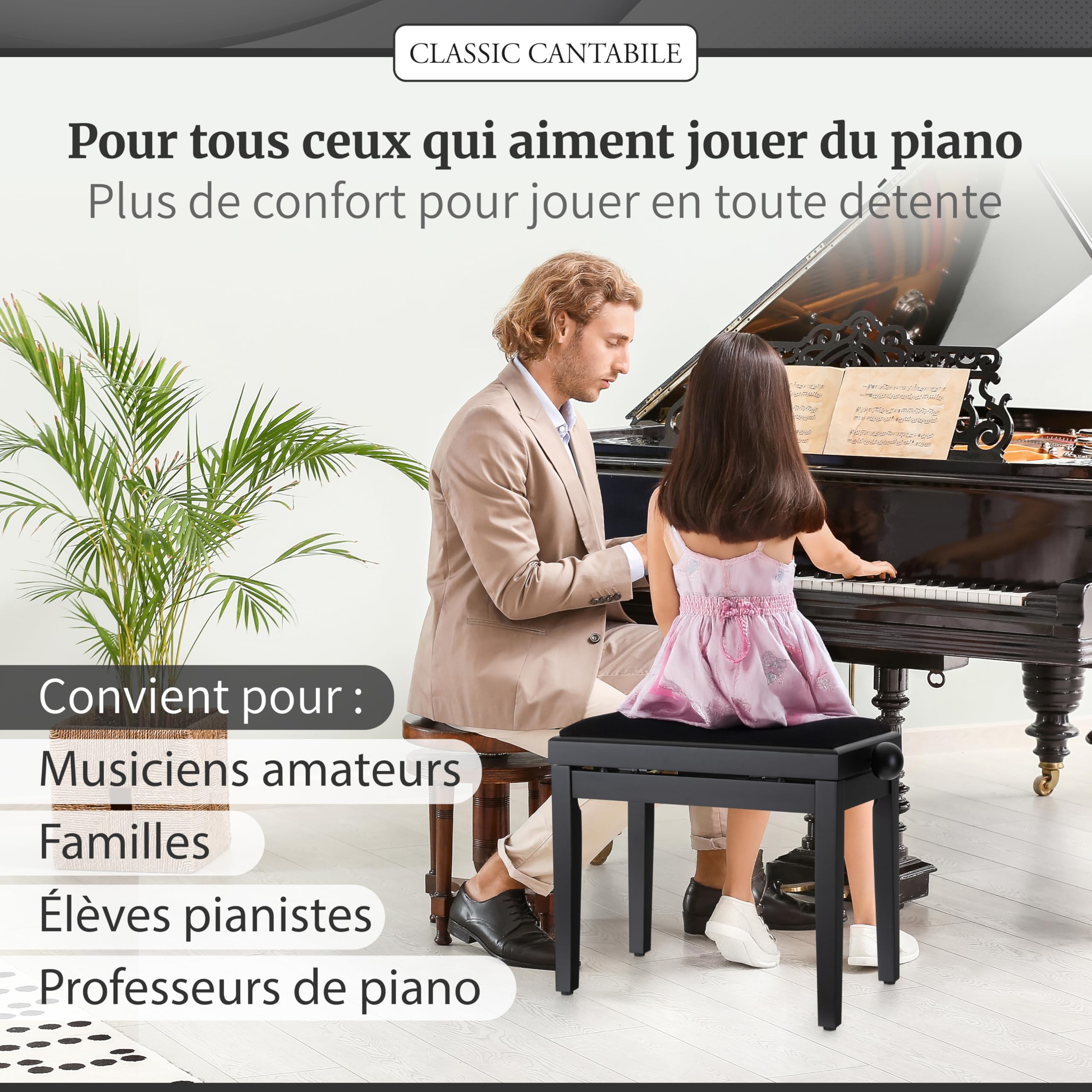 Classic Cantabile Banc de Piano Noir Mat - Hauteur réglable de 47 à 56cm - Tabouret avec mécanisme à vis - Banquette Surface d'assise 55 x 32cm - Siège avec revêtement en Velours, Stable