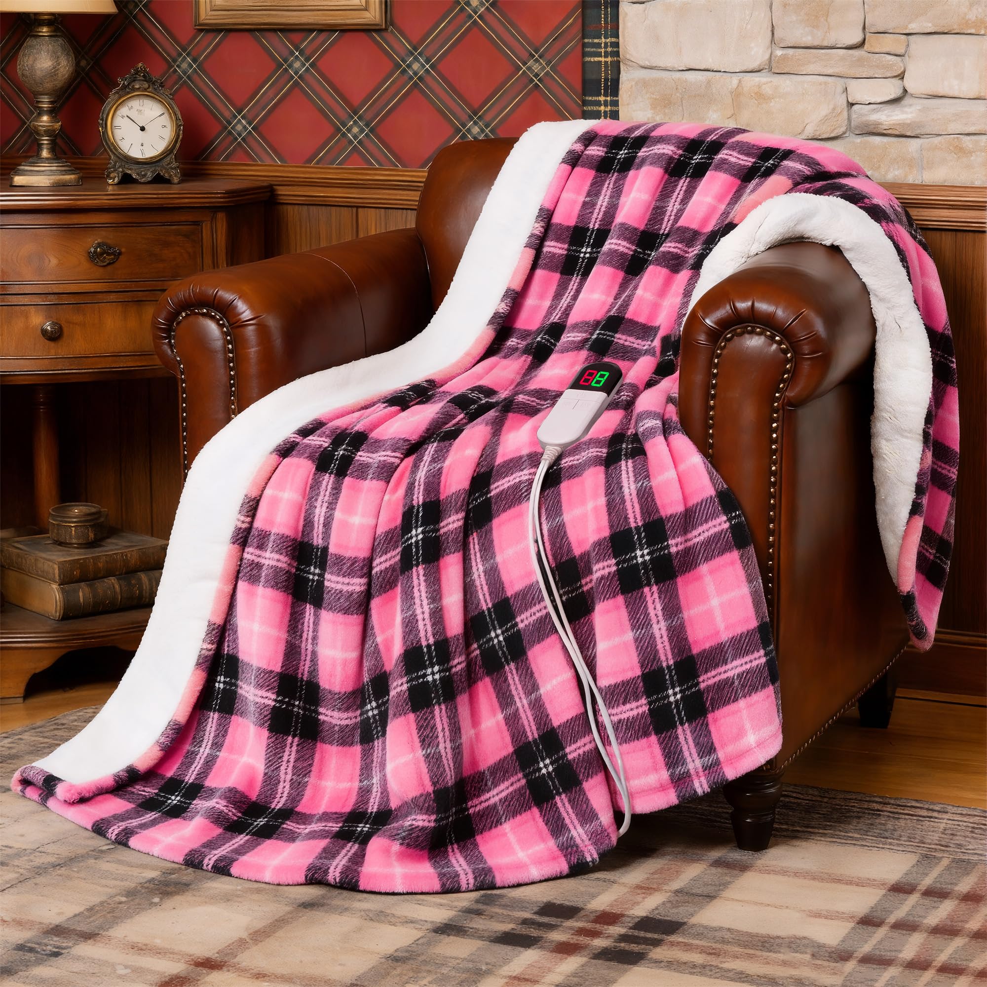 Photo 1 of PTQ Heated Electric Blanket King, Pink Christmas Sherpa Plaid Throw Blanket