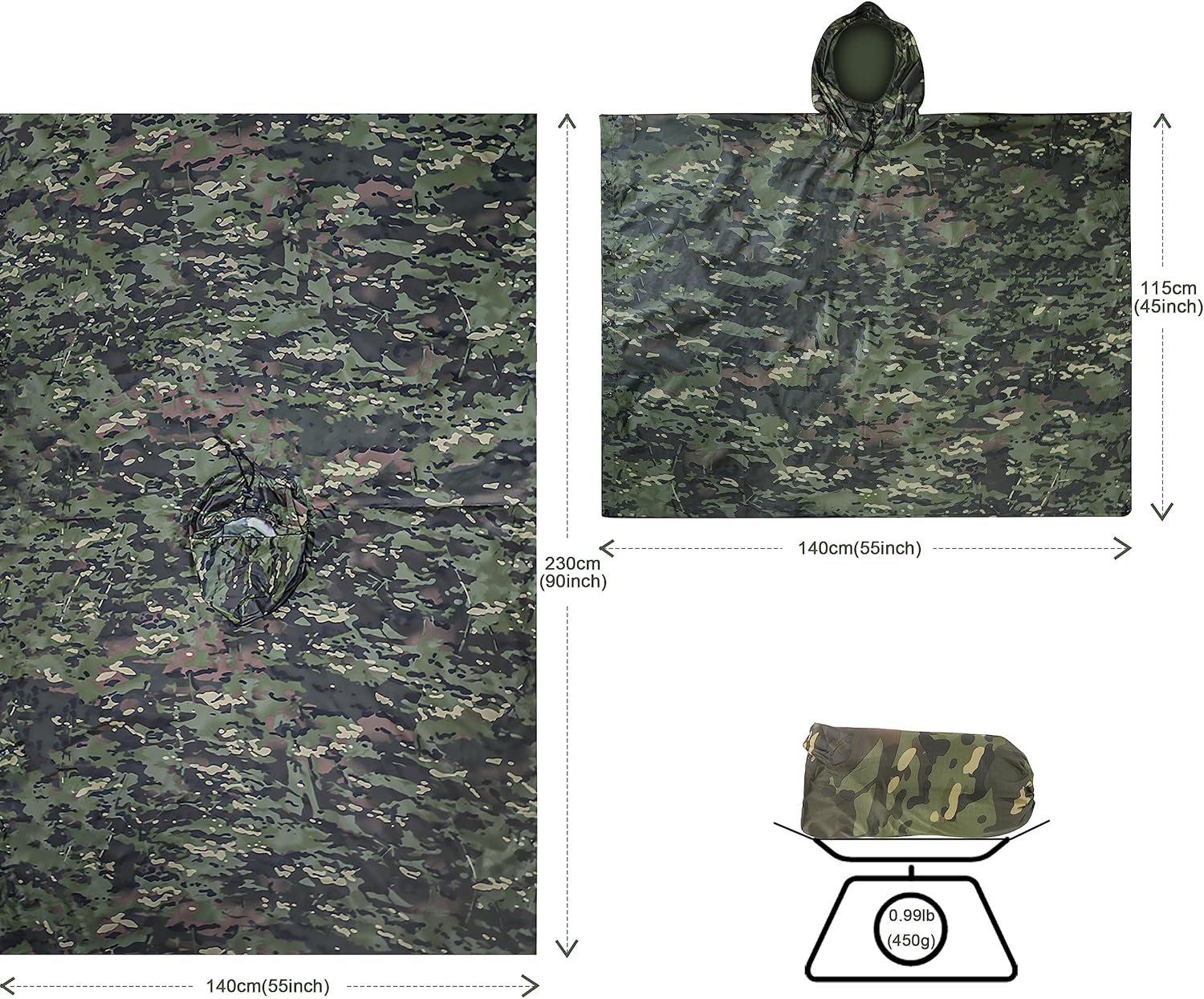 Camo Rain Poncho, Multi Use Waterproof Rain Coat