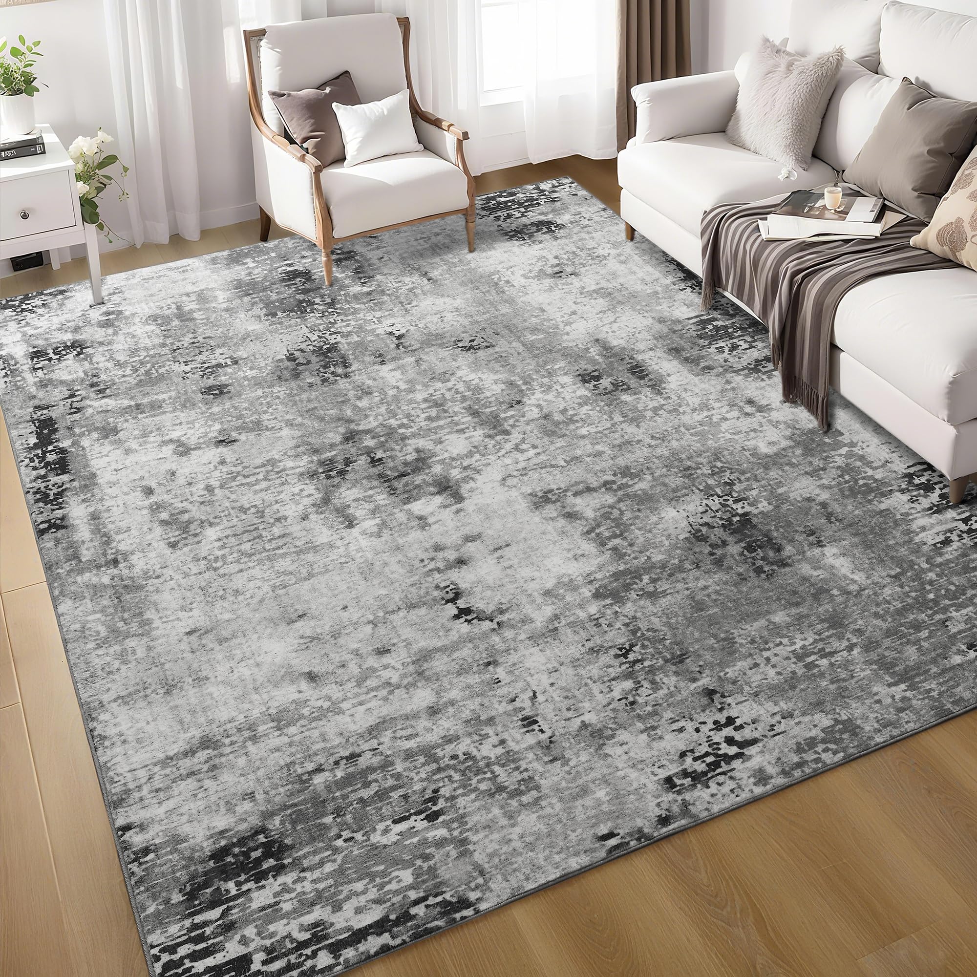 Living Room Rug 7x10 Gray Area Rugs Machine Washable Abstract Boho Large Rug Non-Slip Non-Shedding Faux Wool Indoor Vintage Carpet for Bedroom, Classroom, Dining Room, Kids Playroom โ image 1