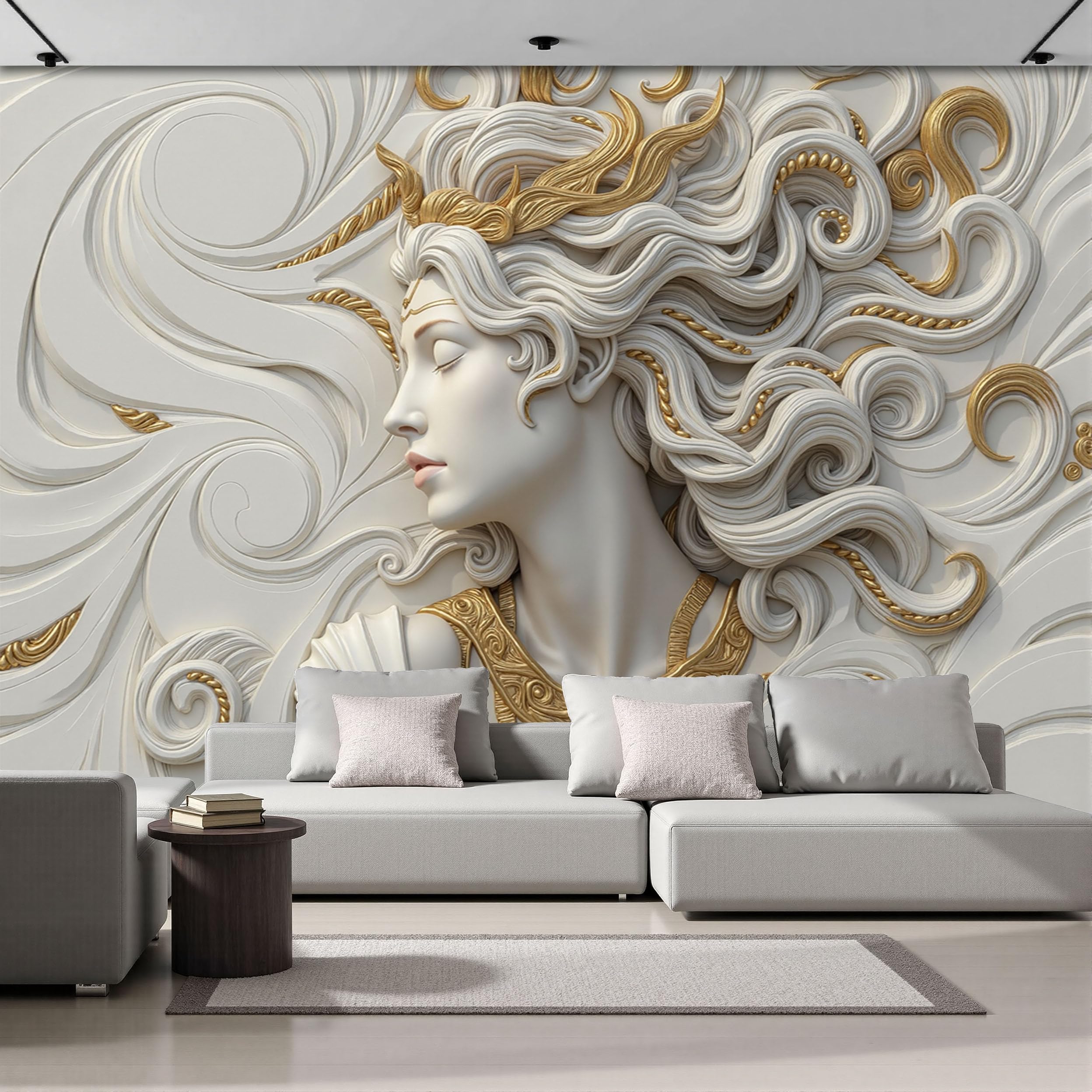 Papier peint panoramique relief féminin grec beige pour salon et bureau de 250x175 cm