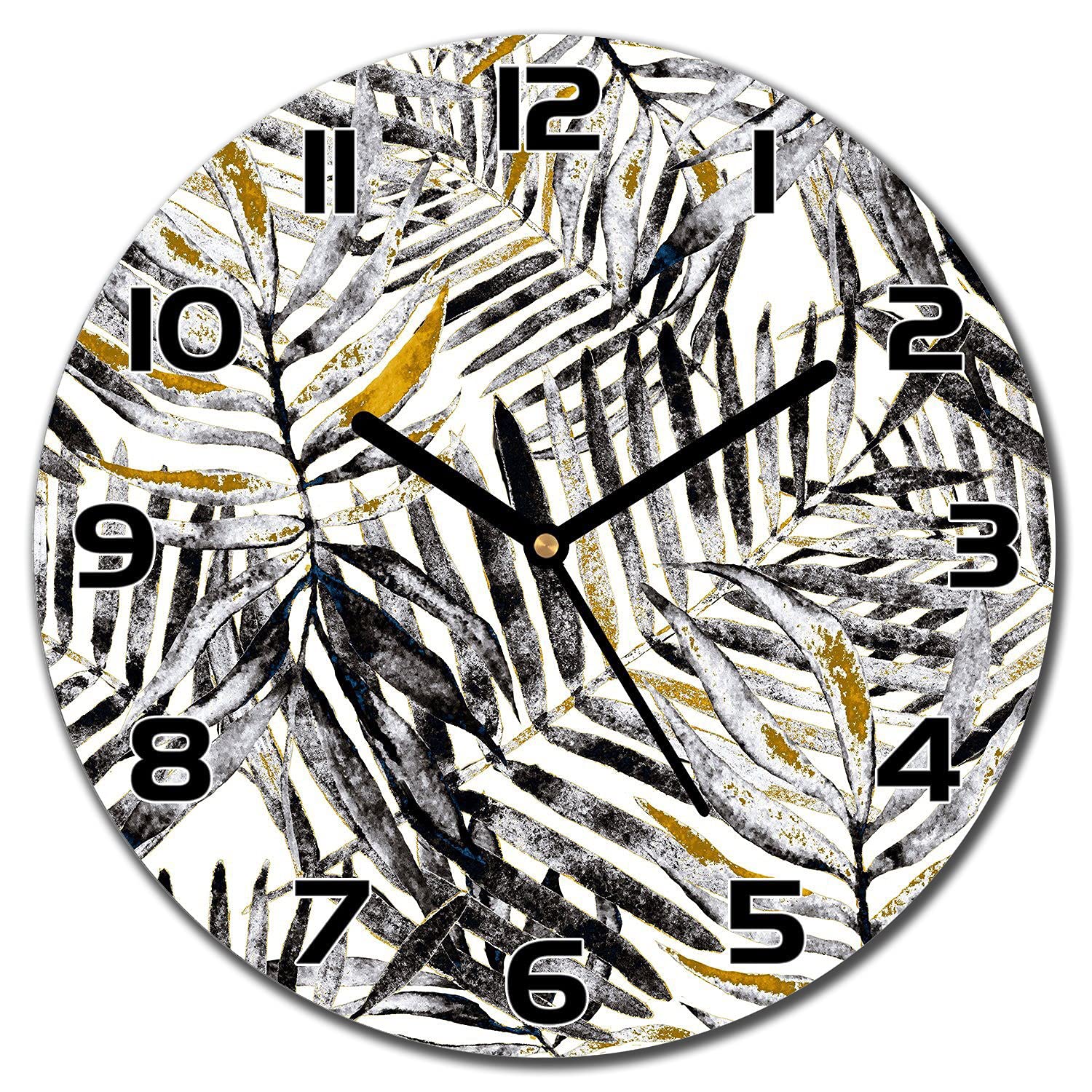 Horloge en verre Monstera Gold de 30 cm avec aiguilles noires pour cuisine