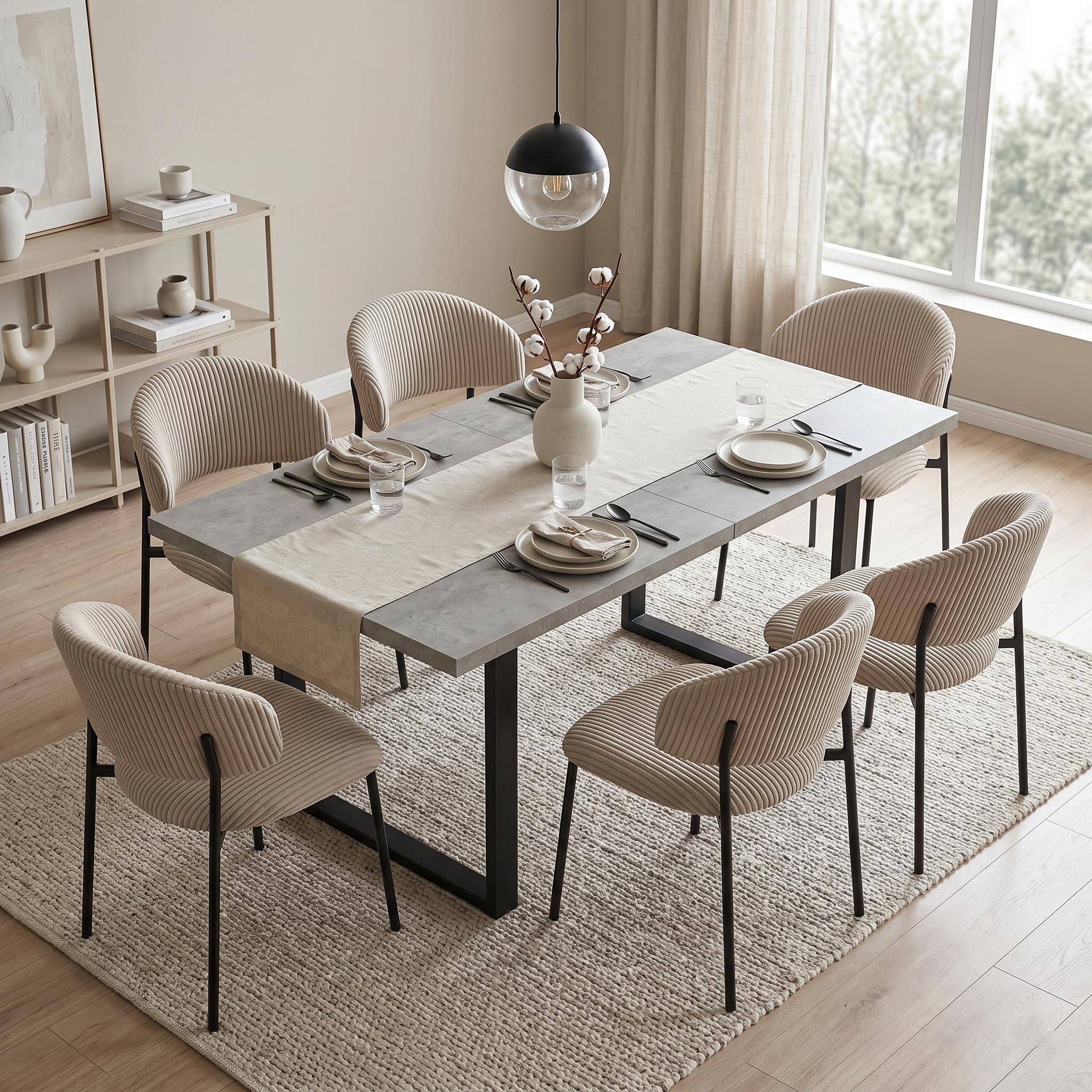 Table salle à manger extensible 130x170 cm MDF ciment 6 chaises textiles moderne