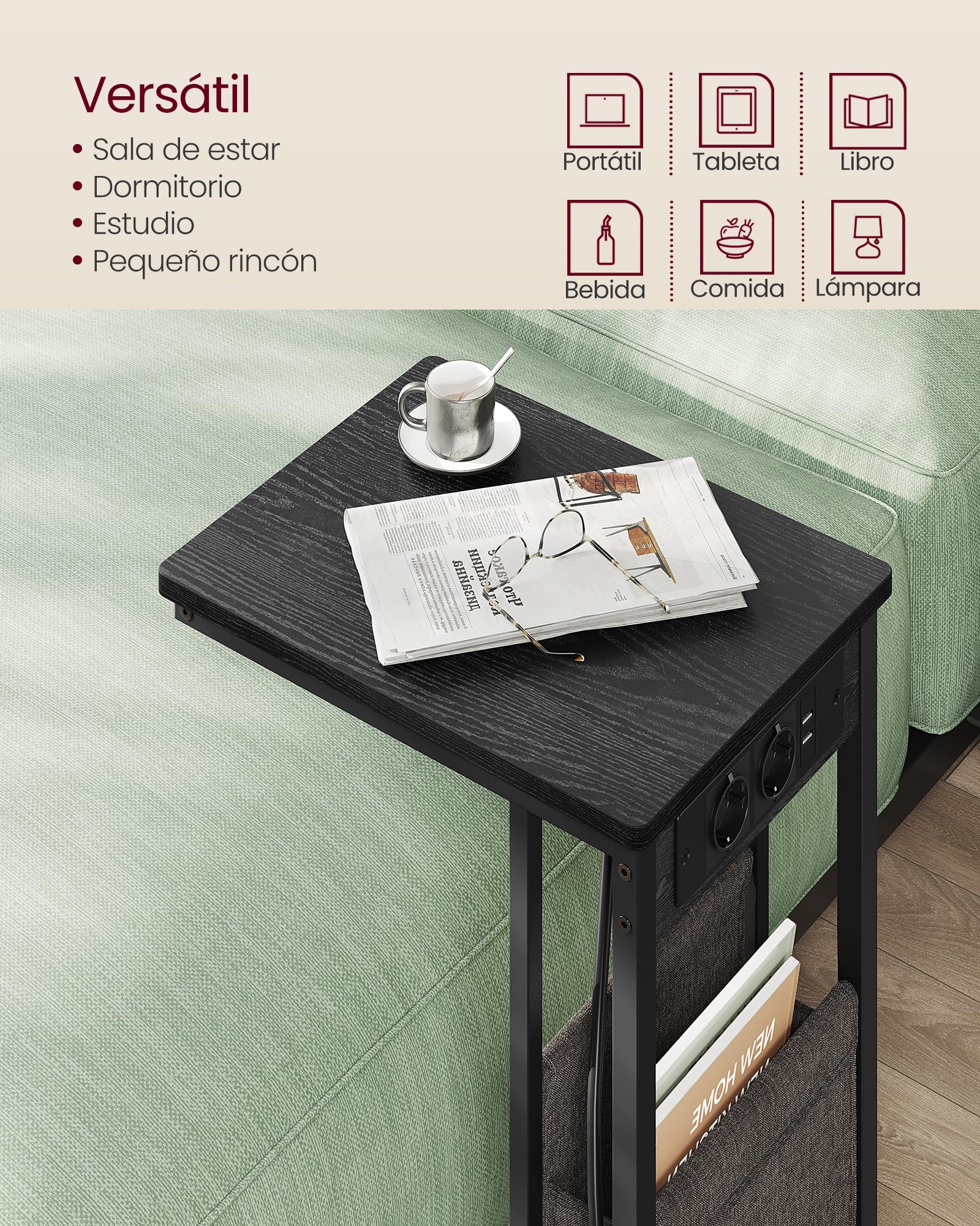 VASAGLE LET356B02V1 - Mesa Auxiliar con múltiples enchufes, Punta de sofá en Forma de C, para Espacios pequeños, 2 Puertos USB y enchufes, Bolsa, Patas Ajustables, para Dormitorio, Sala de Estar