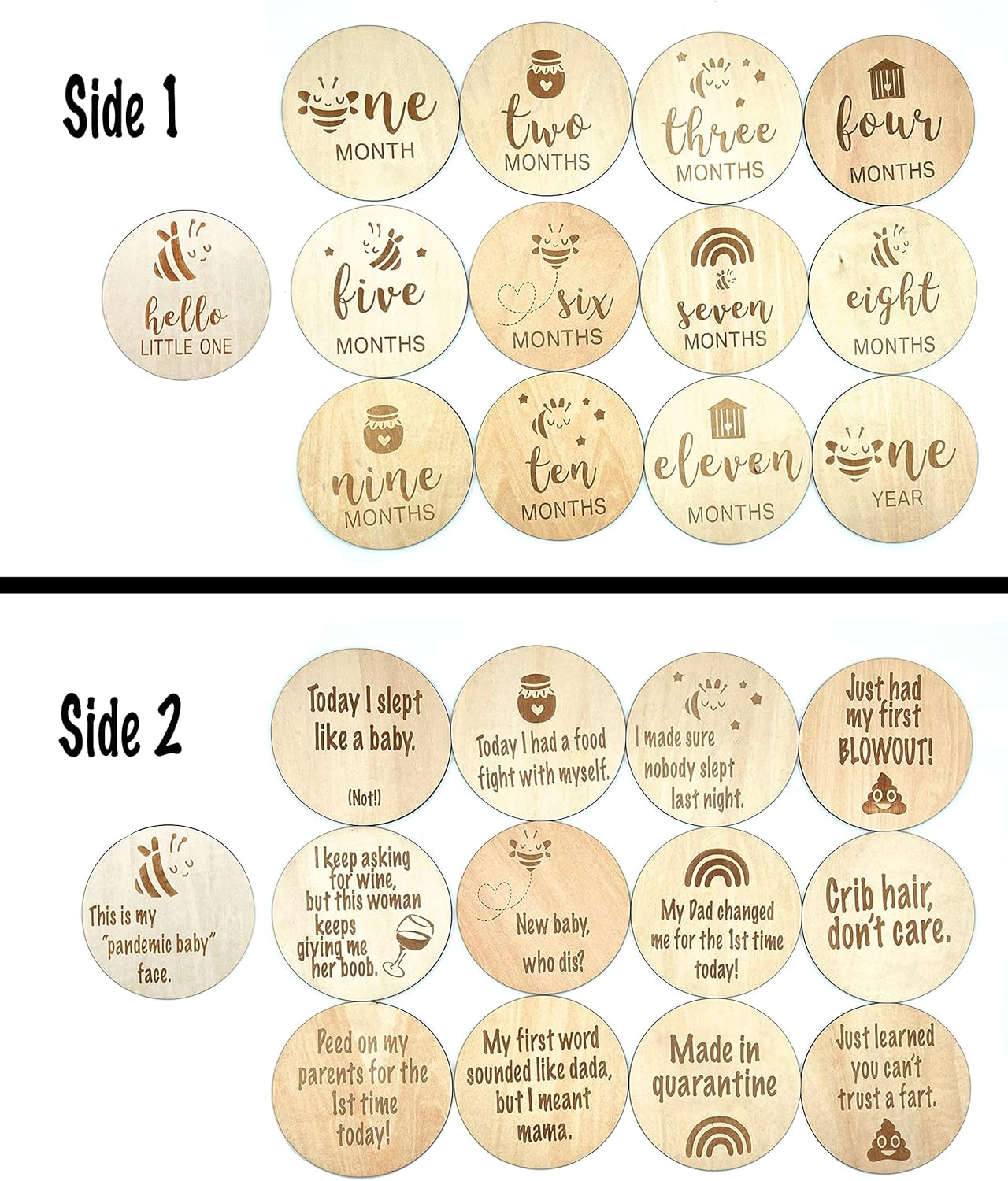 Funny Wooden Monthly Milestone Photo Cards, Baby Announcement Cards, 13 Double Sided Photo Prop Milestone Discs, Baby Registry Search, Light Wood : Baby