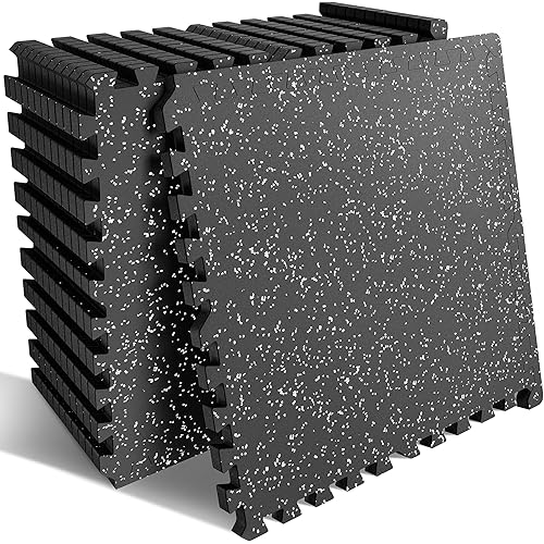 PRAISUN 0.6" Thicker Rubber Top Gym Flooring for Home Gym, 12 Pcs 48 Sq Ft Workout Mats, Exercise Mat, Interlocking Rubber Floor Mats with High Density EVA Foam for Garage, 24 x 24in, Black/Grey