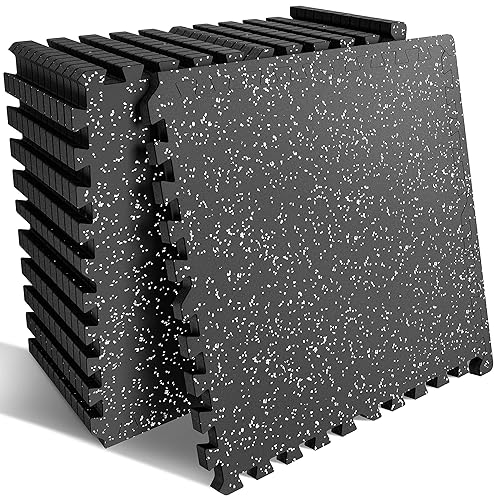 PRAISUN 0.6" Thicker Rubber Top Gym Flooring for Home Gym, 12 Pcs 48 Sq Ft Workout Mats, Exercise Mat, Interlocking Rubber Floor Mats with High Density EVA Foam for Garage, 24 x 24in, Black/Grey