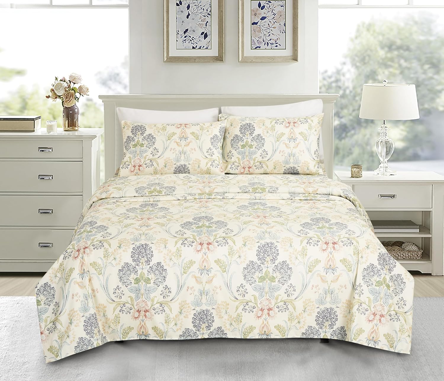 Chezmoi Collection Alyssa 4-Piece Floral Medallion Garden Bed Sheet Set - Multicolor Blue Green Red Yellow White Printed Microfiber 14-Inches Deep Pocket Sheets & Pillowcases Set, Queen