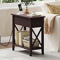 Vista 3 de ChooChoo End Table with Charging Station, Narrow Side Table with USB Ports and Outlets, Nightstand with Drawer, for Small Spaces, Bedside Tables for