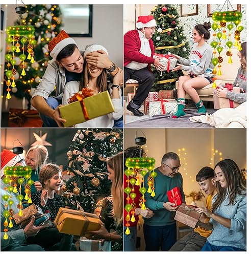 Miniatura 7 de Campanillas de viento solares de Navidad para exteriores, 48 luces LED con piñas, campanas y bayas rojas, decoración navideña impermeable para