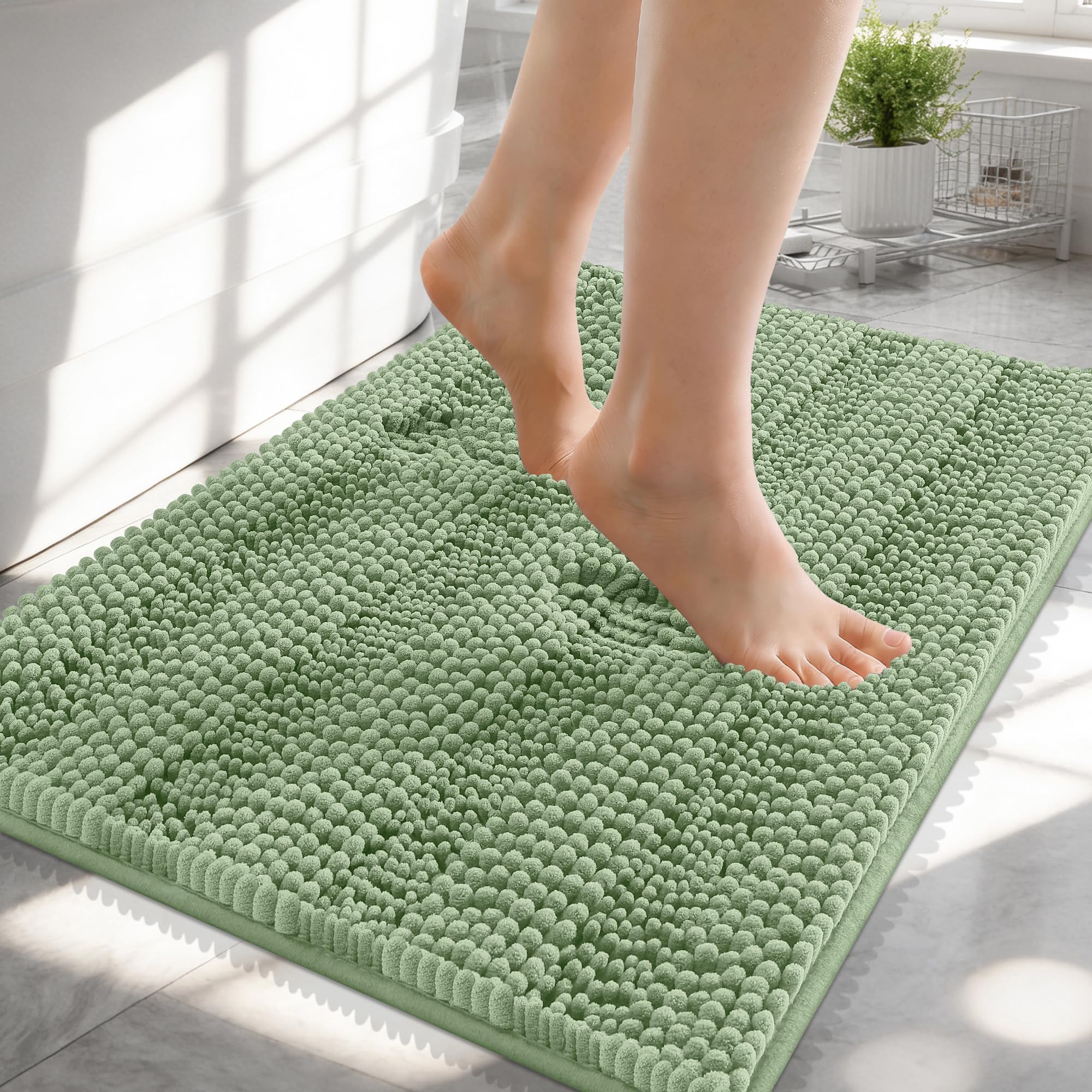 OLANLY Thick Small Bathroom Rugs 24x16, Soft Chenille Bath Rugs, Sage Green