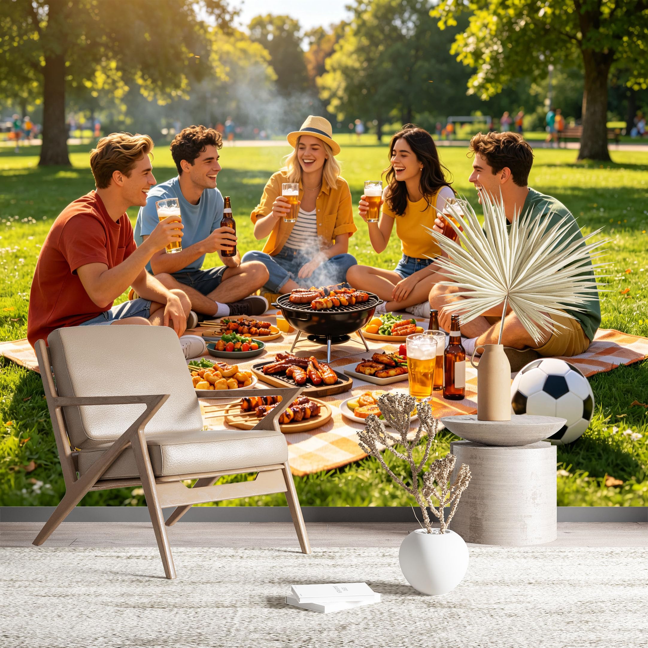 Custom Size Wall Murals Friends Having BBQ Party in Park Large Photo Wallpaper Self-Adhesive Wall Fabric (NO PVC) Removable Wallpaper for Living Room Bedroom