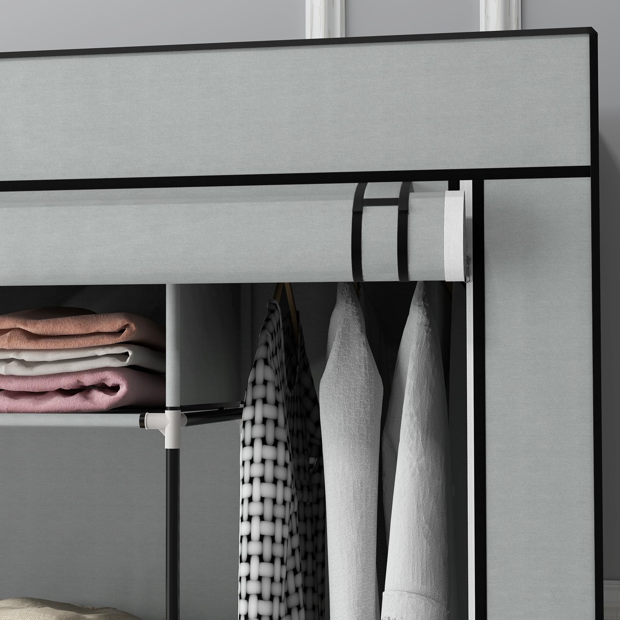 HOMCOM Kleiderschrank Stoffschrank mit Kleiderstange, Ablagen, Reißverschluss Stoffkleiderschrank Faltschrank für Ankleidezimmer Schlafzimmer, 166 x 42,5 x 169,5 cm Dunkelgrau