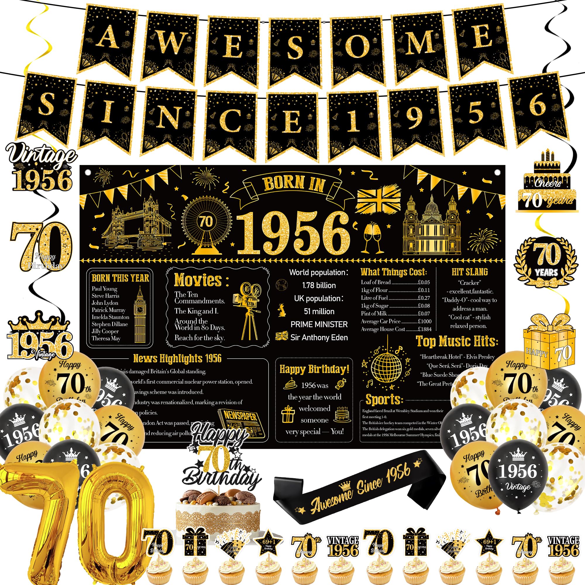 70th Birthday Decorations Set Men - 43 Pcs Vintage Black and Gold Awesome Since 1956 Banners, Backdrop, Balloons, and Hanging Swirls for 70th Birthday Party Supplies