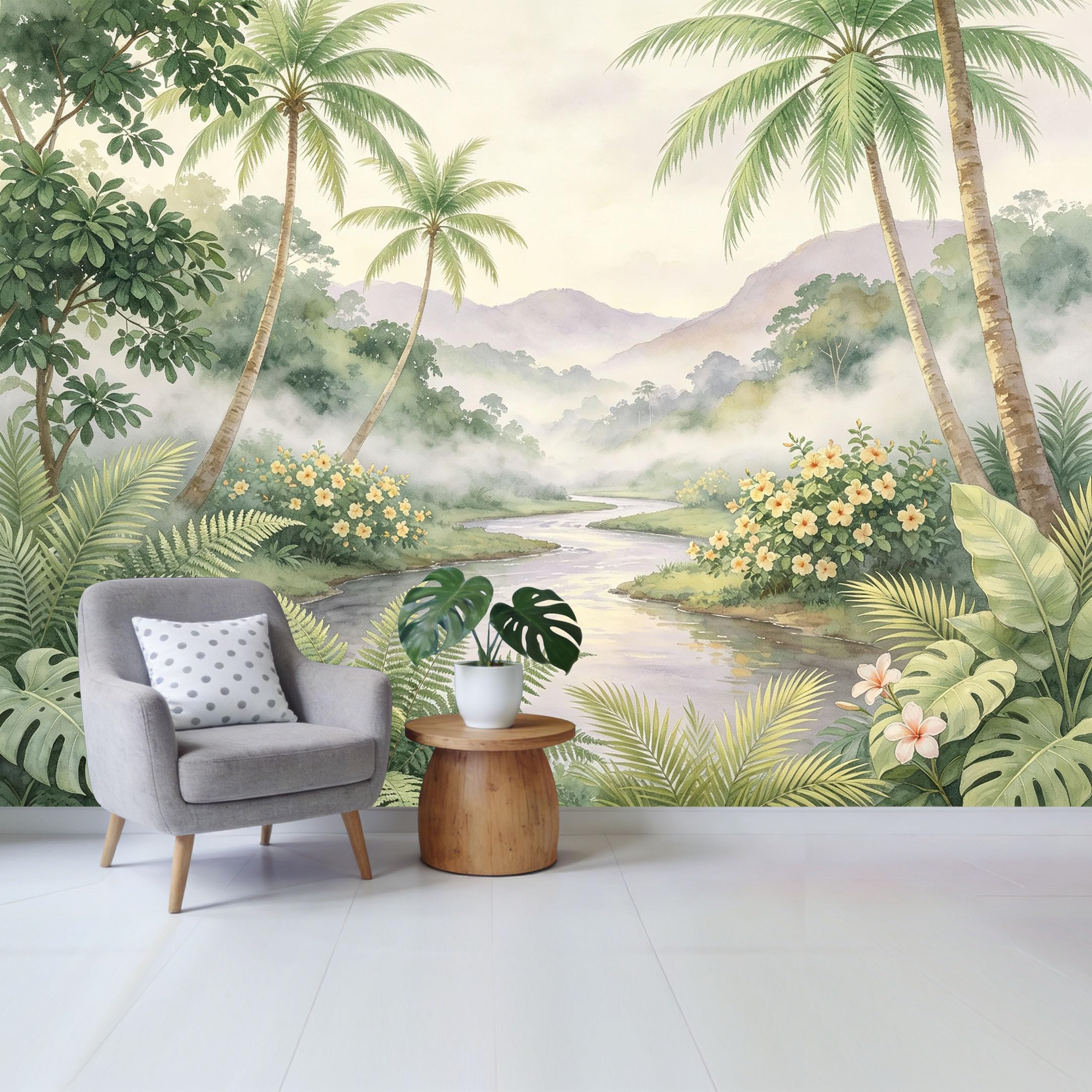 Custom Size Wall Mural Tropical Jungle River Watercolor Botanical Palm Trees Removable Self Adhesive Fabric，Home Wall Decor for Living Room Bedroom Bathroom