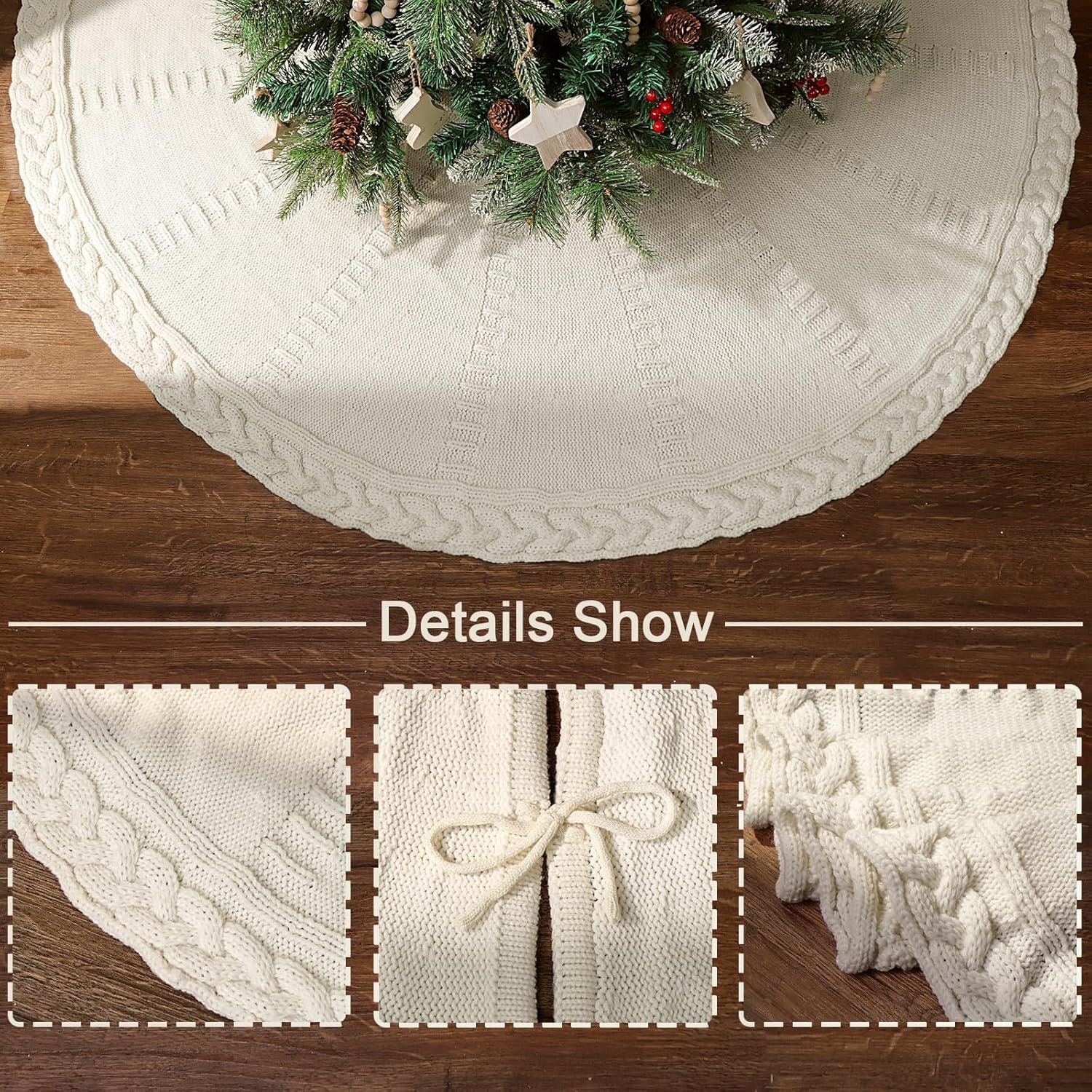 60 inch Christmas Tree Skirt: Large Tree Skirt for 9ft Tree, Braided Cable Knit Cream White Tree Skirt, Vintage Tree Skirts, Rustic Farmhouse Christmas Decorations
