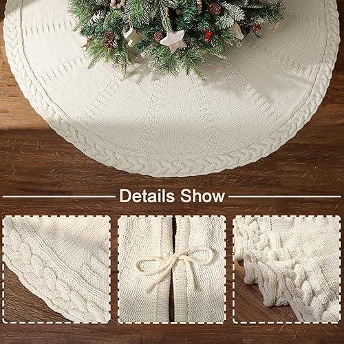 Miniatura 3 de Falda de árbol de Navidad de 60 pulgadas: falda de árbol grande para árbol de 9 pies, falda de árbol de punto trenzado color blanco crema, faldas de