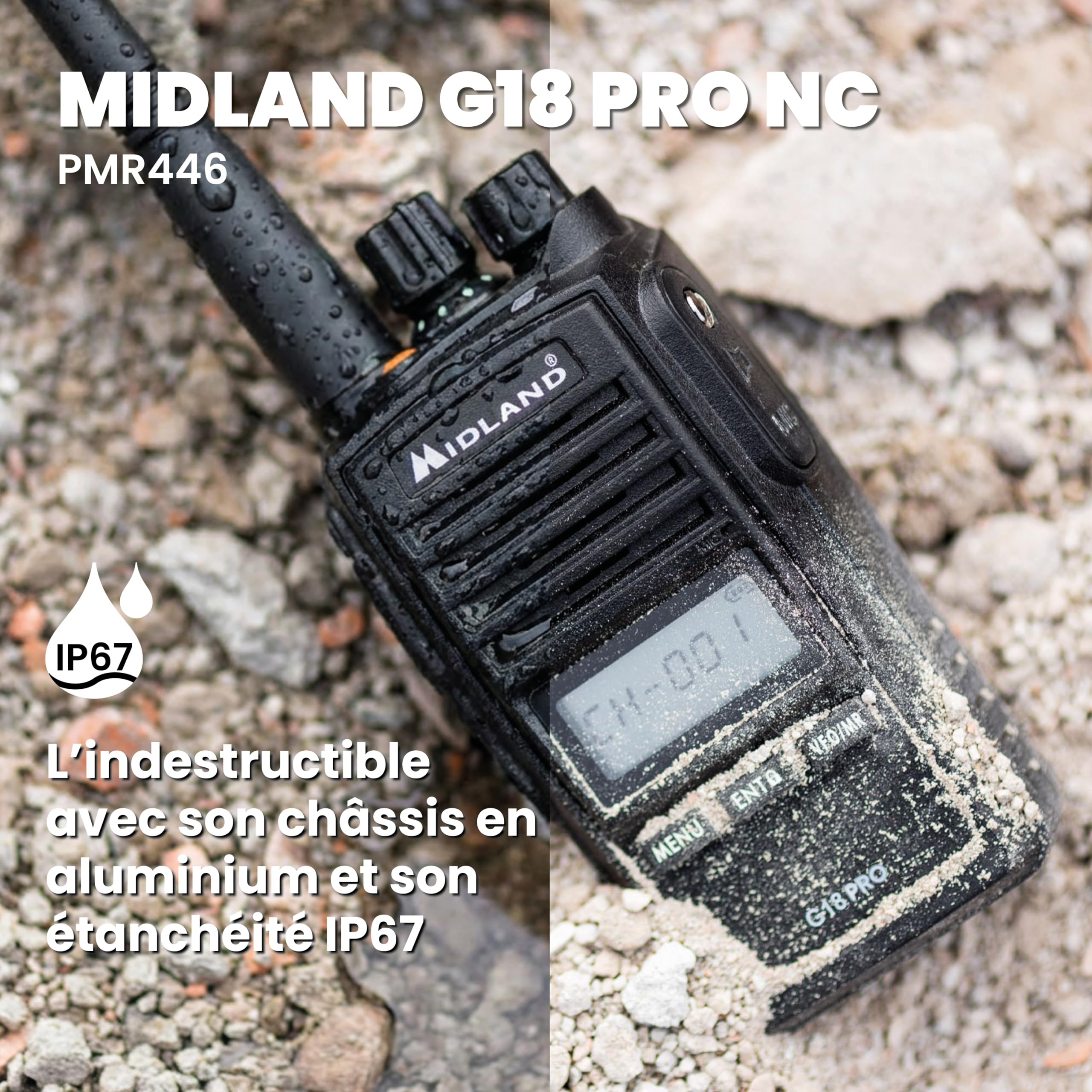 Midland G18 Pro Noise Cancelling C1145.04 - Talkie-Walkie Longue Portée 12Km, 99 Canaux PMR446, Étanche IP67, Autonomie 22H, Fonction Réduction de Bruit, Brouilleur Scrambler et Compander
