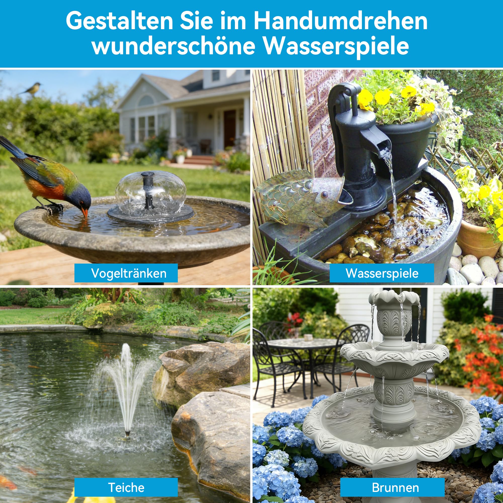 POPOSOAP Solar Springbrunnen für Außen, 6,5 W 240 L/h Solarbrunnen mit integriertem 3000 mAh Akku, Stabiler Sprühbetrieb für Gartenteich, Vogeltränke und Gartens Wasserspielereien