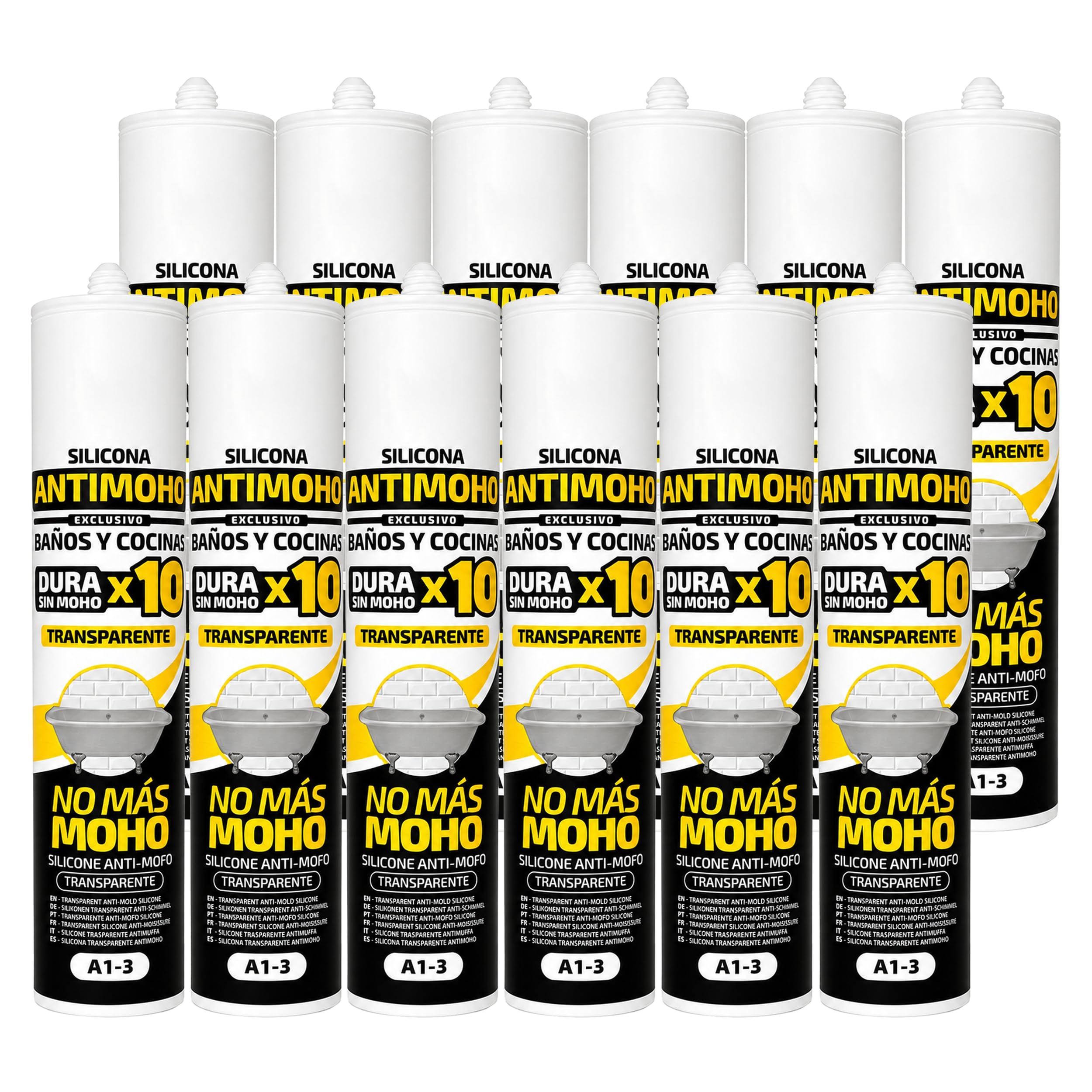 Silicona Antimoho Transparente 280 ml Baños y Cocinas Sin Pistola Pack 12