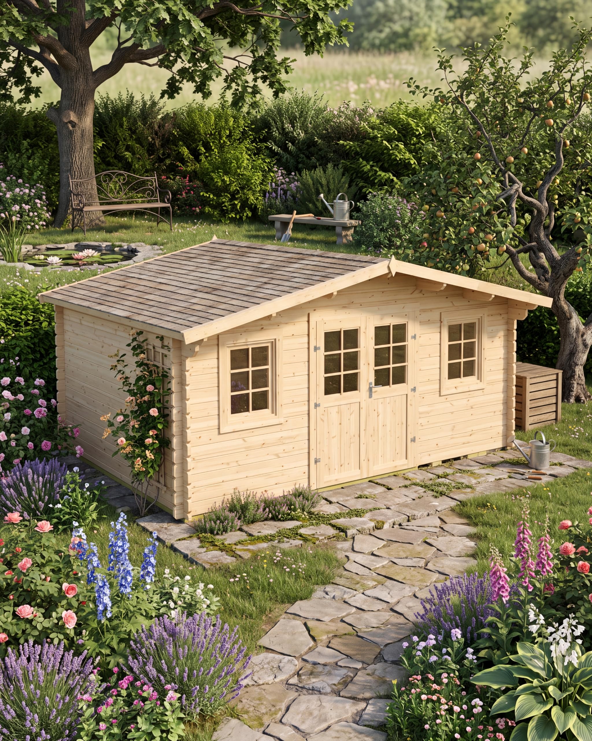 Steiner Shopping Gartenhaus Wiesenlust 04 I 34 mm Blockbohlenhaus aus naturbelassenem Holz I Außenmaß 500 x 440 cm I Großes Gartenhaus mit Satteldach, Doppeltür & 2 Fenstern