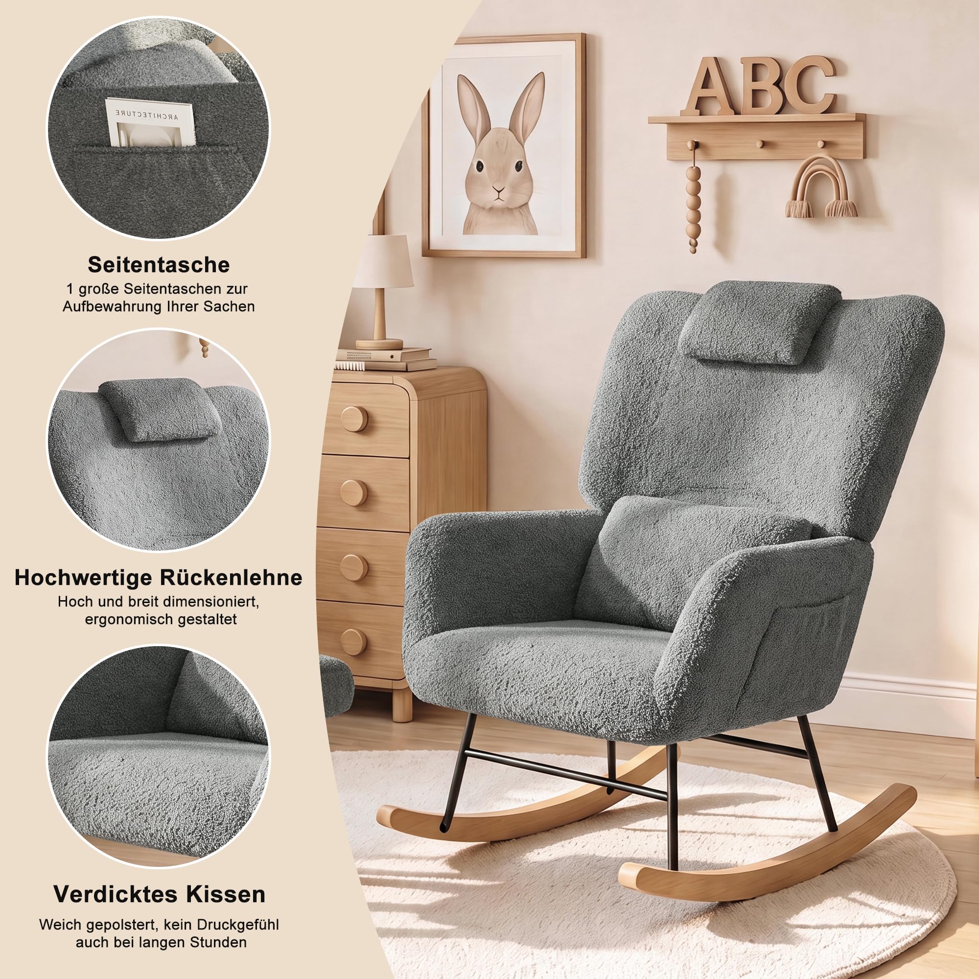 PerGar Sedia a dondolo con sgabello, in peluche, colore grigio, 150 kg