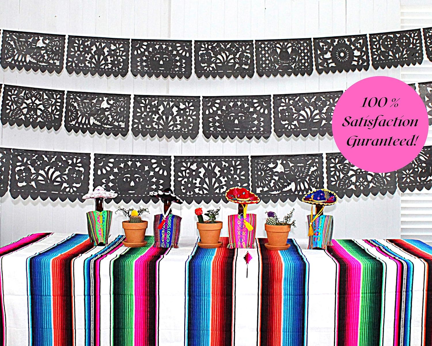 Black Papel Picado Banners, Fiesta Decorations, Mexican Party Banner, Bunting, Garland, Streamers for Weddings, Quinceañeras, Bridal, Engagement, Birthdays 5pk|60ft