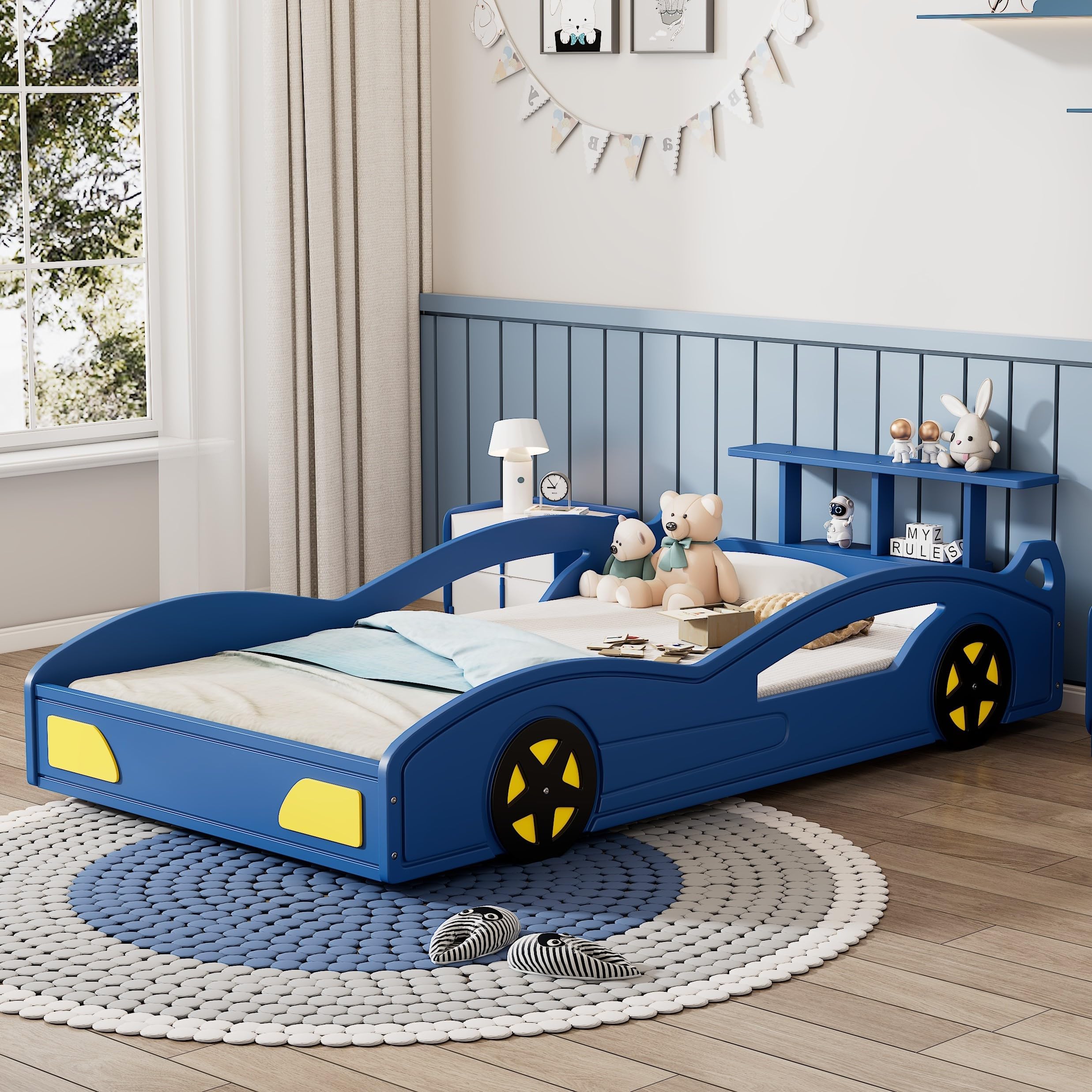 Twin Size Race Car Bed for Boys,Cool Car Bed Frame with Storage Shelves,Car Shaped Kids Bed Twin Size with Wheels for Kids,Girls,Blue