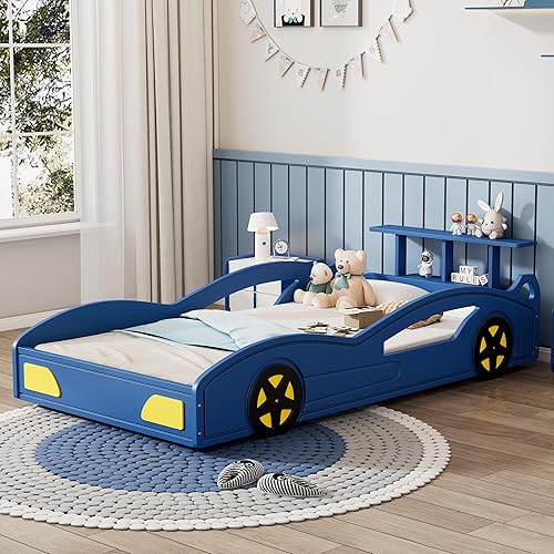 Miniatura 22 de Cama de plataforma en forma de auto de carreras con ruedas, cama de plataforma de madera tamaño individual con barandilla, cama de plataforma para