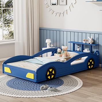 Race Car Bed, Wood Twin Platform Bed with Storage Shelves, Car-Shaped Twin Platform Bed Frame with Wheels for Kids Boys, Teens, Blue